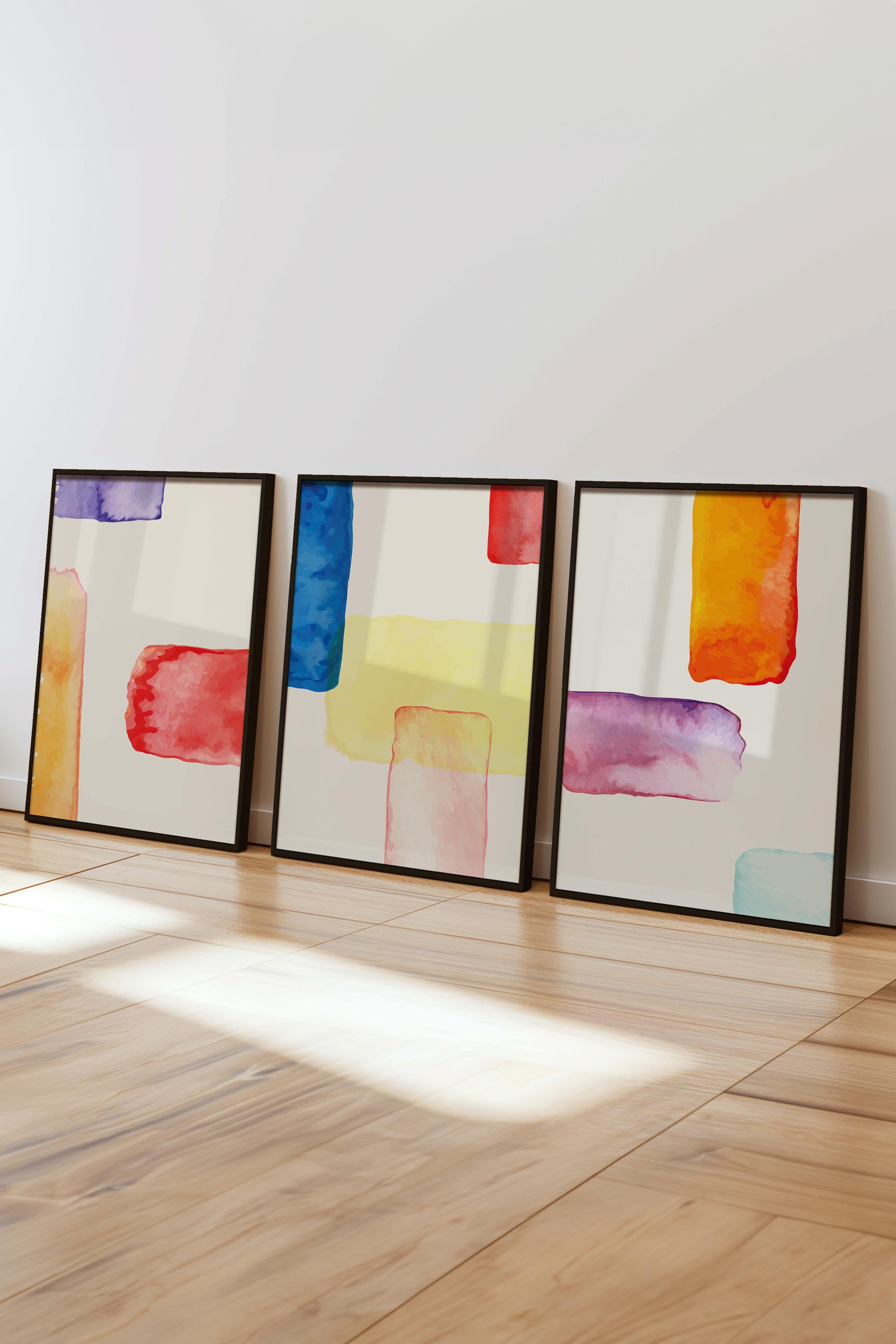 Çerçeveli Tablo Seti, 3 Adet Siyah Çerçeve ve Soyut Temalı Poster Seti, Duvar Tablosu No:300672