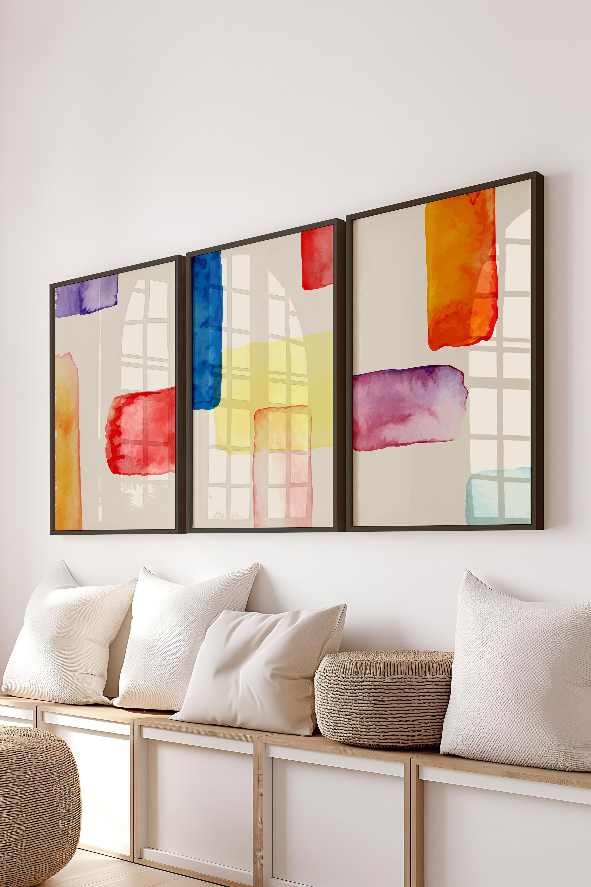 Çerçeveli Tablo Seti, 3 Adet Siyah Çerçeve ve Soyut Temalı Poster Seti, Duvar Tablosu No:300672