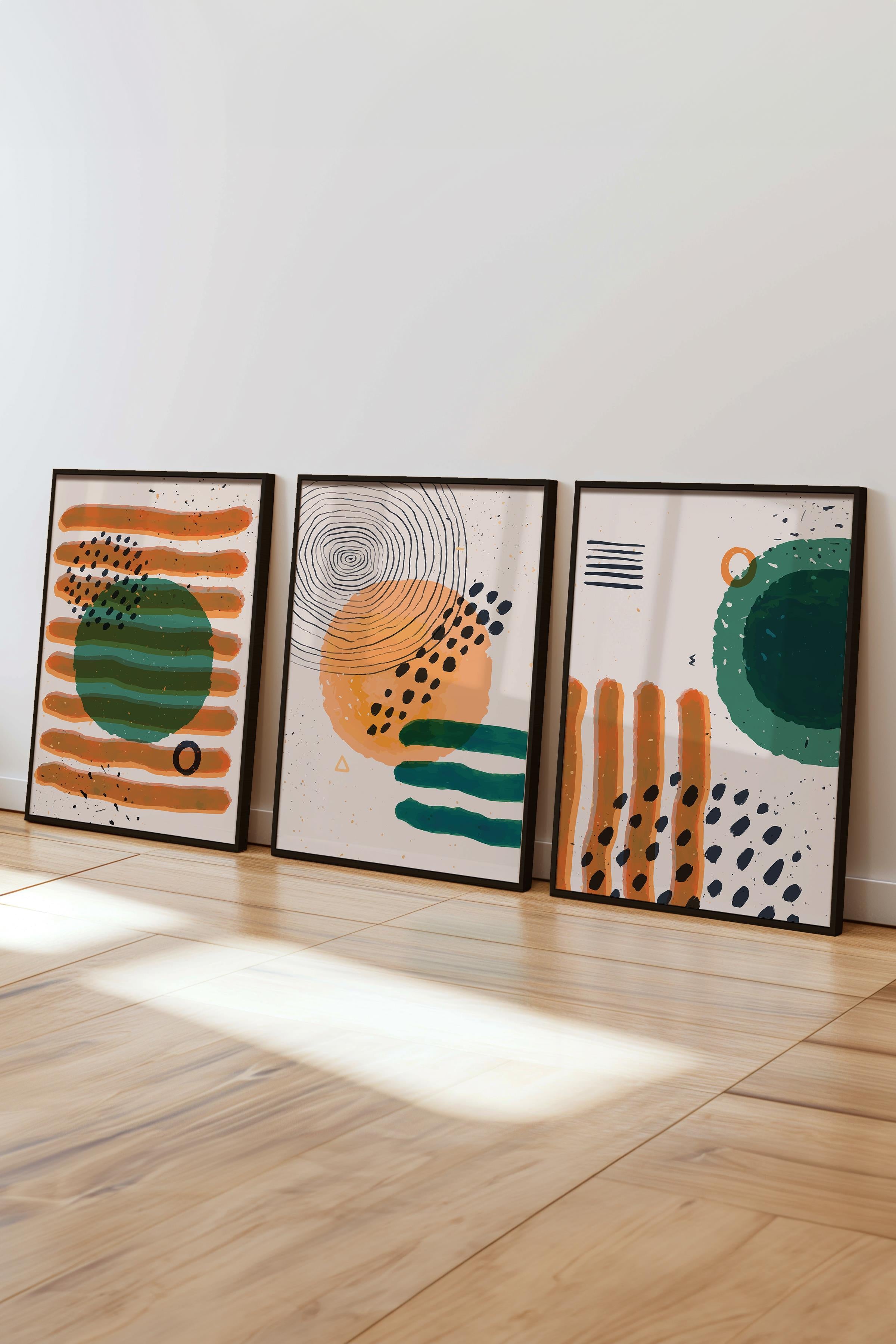 Çerçeveli Tablo Seti, 3 Adet Siyah Çerçeve ve Soyut Temalı Poster Seti, Duvar Tablosu No:300676