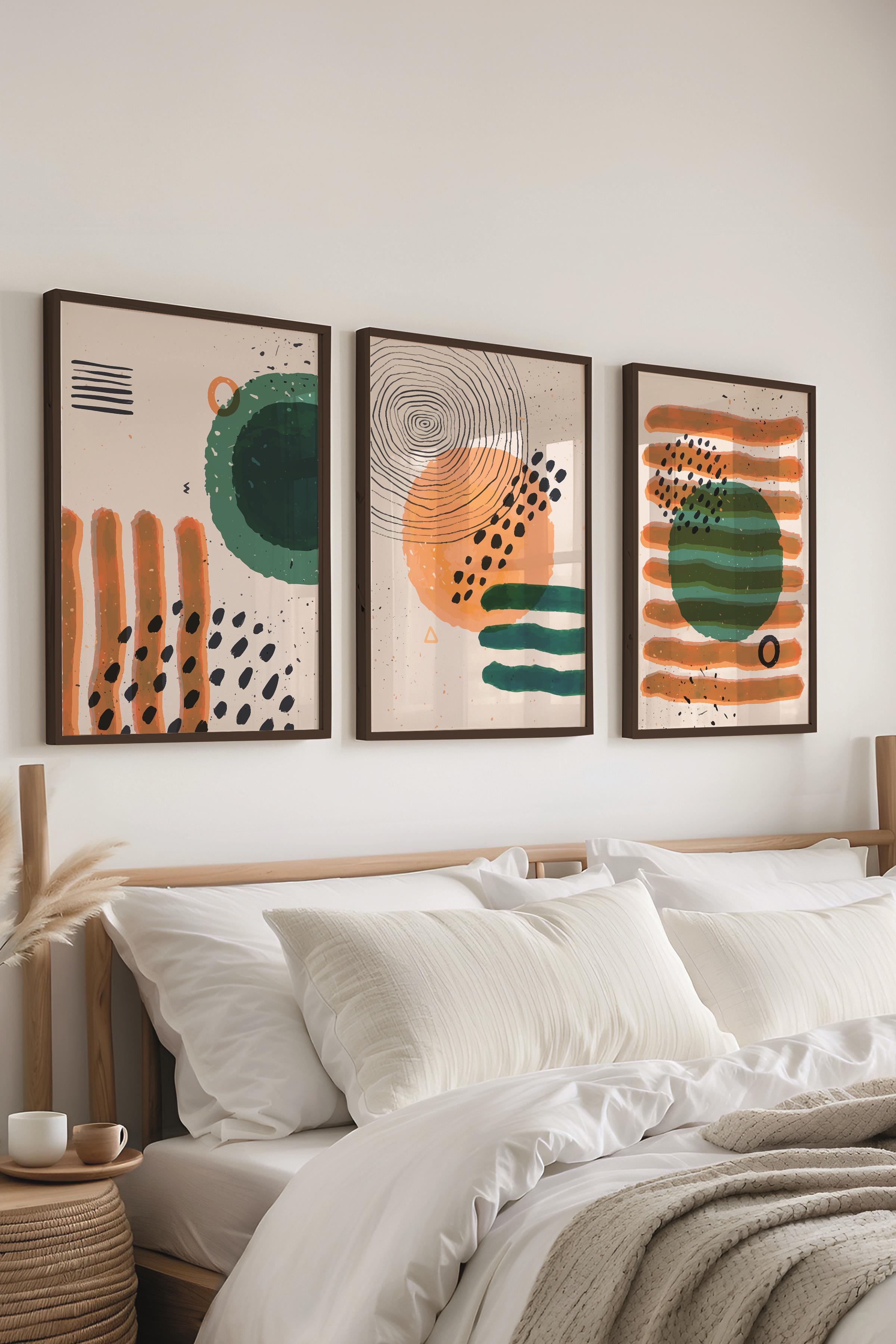 Çerçeveli Tablo Seti, 3 Adet Siyah Çerçeve ve Soyut Temalı Poster Seti, Duvar Tablosu No:300676