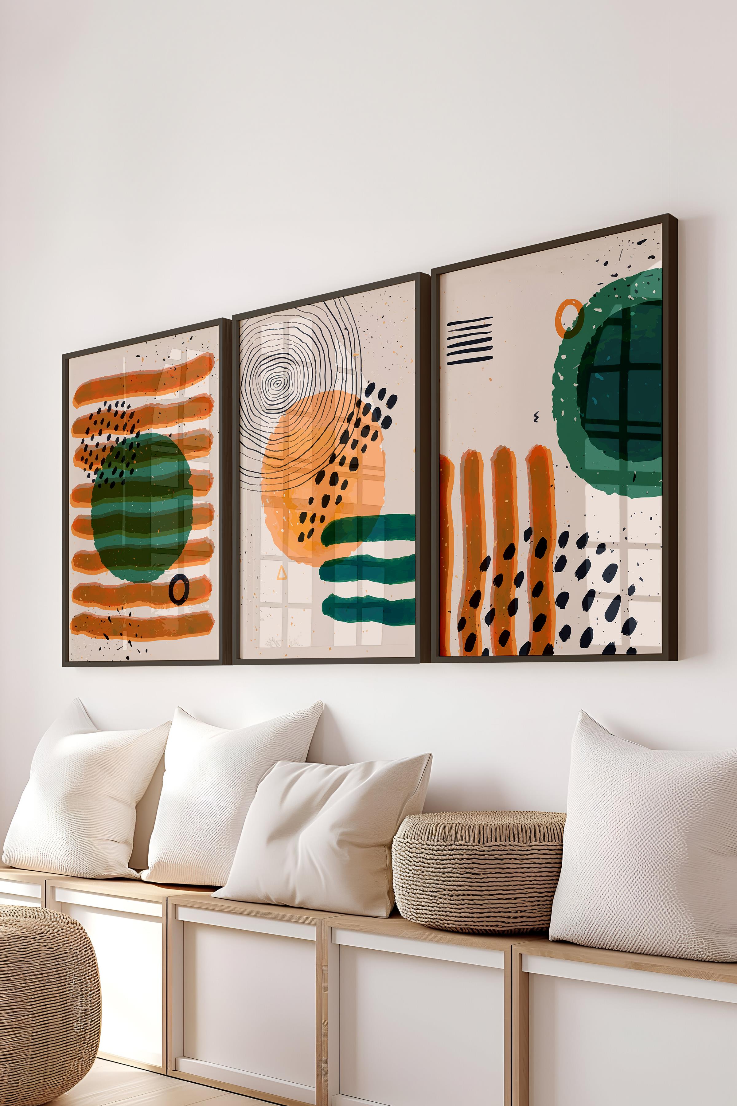 Çerçeveli Tablo Seti, 3 Adet Siyah Çerçeve ve Soyut Temalı Poster Seti, Duvar Tablosu No:300676