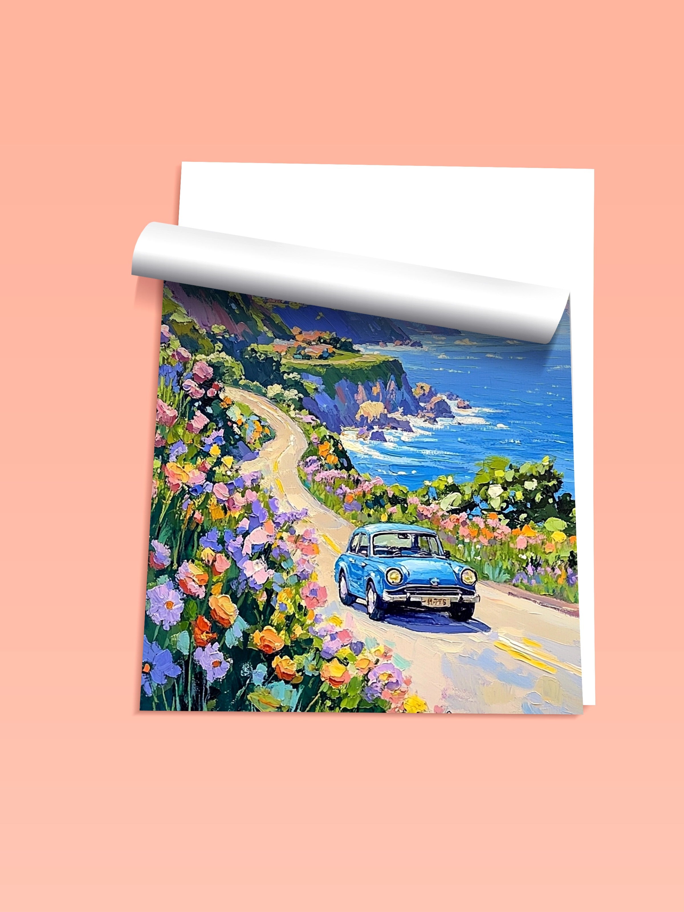Çerçevesiz Duvar Posteri, Araba, Çiçek, Yol, İzlenimci, Mavi, Pastel Tonlar Renk Poster, 2025 Yaz Seçkisi, NO:109812