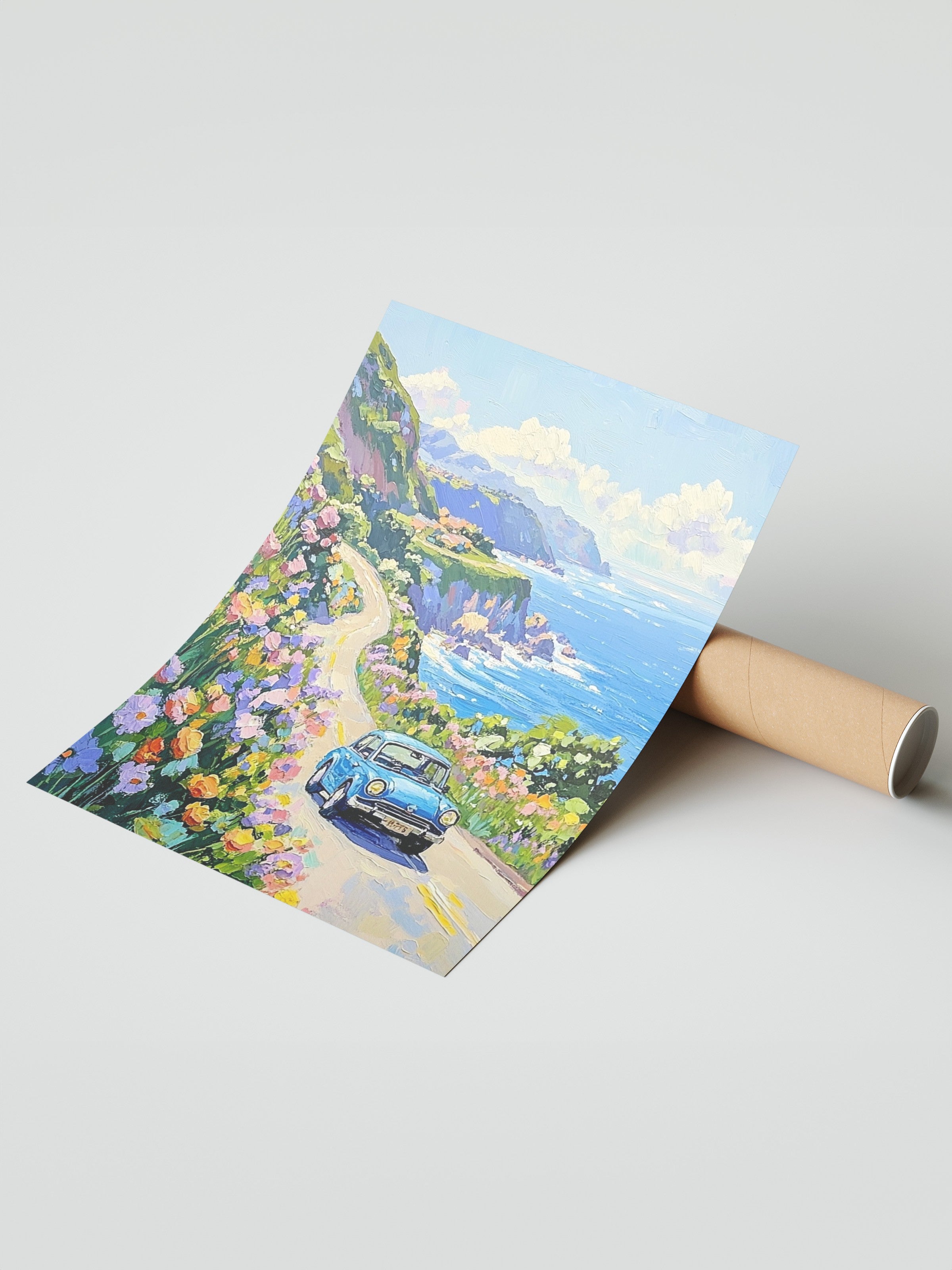 Çerçevesiz Duvar Posteri, Araba, Çiçek, Yol, İzlenimci, Mavi, Pastel Tonlar Renk Poster, 2025 Yaz Seçkisi, NO:109812