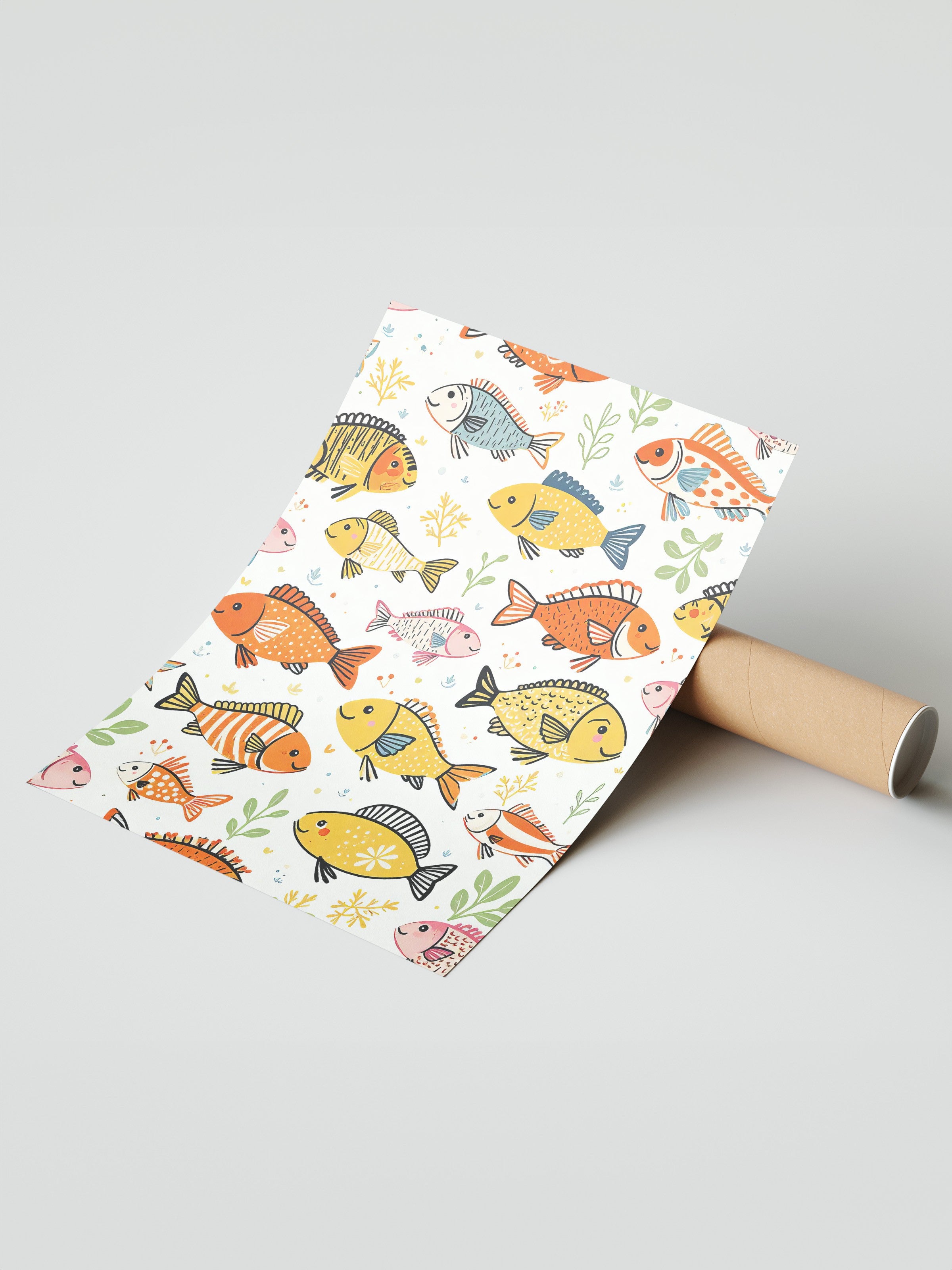 Çerçevesiz Duvar Posteri, Balık Grubu, İllüstrasyon Maximalist, Sarı Renk Poster, 2025 Yaz Seçkisi, NO:109756