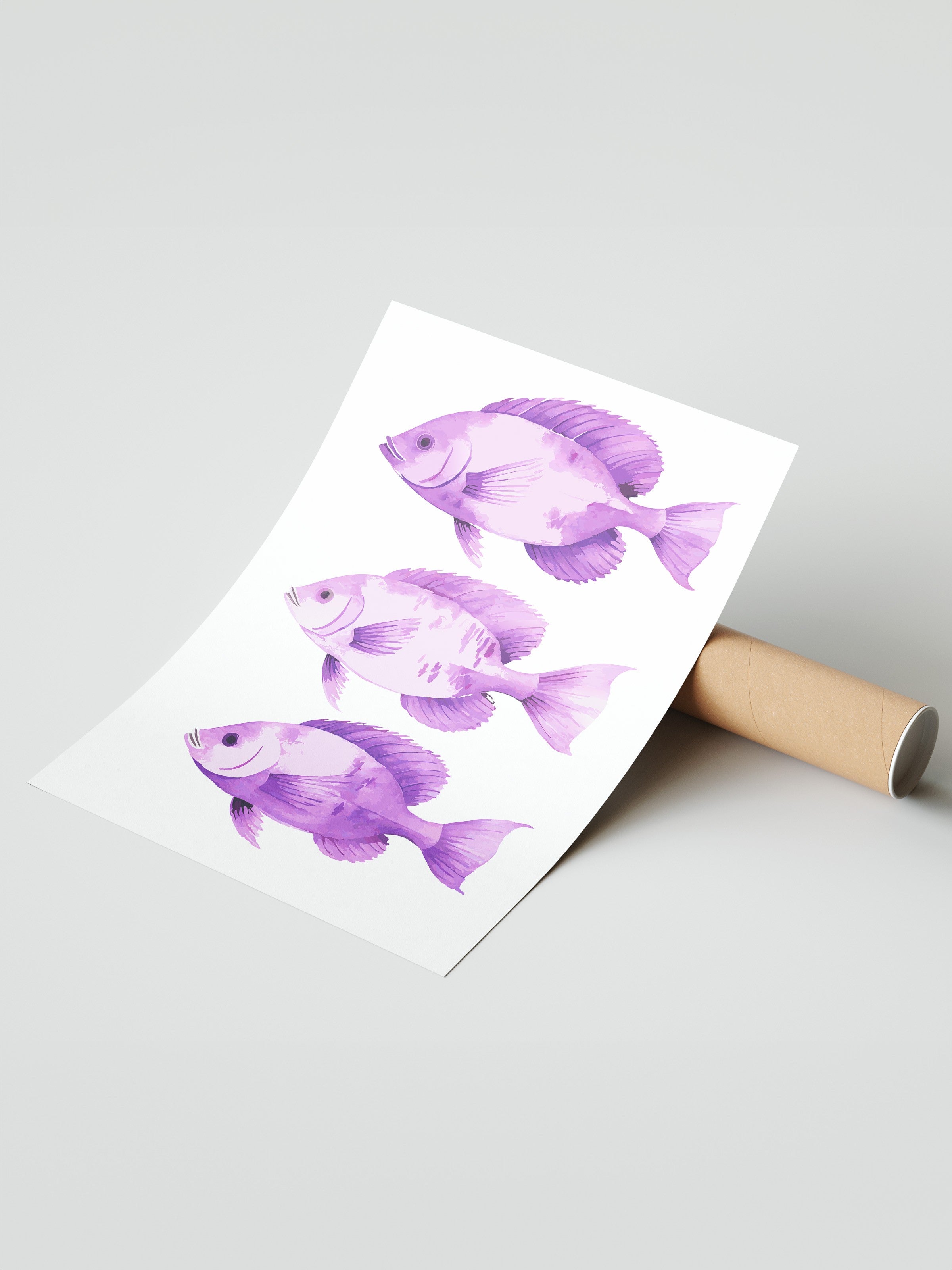 Çerçevesiz Duvar Posteri, Balık, sulu boya, Mor Renk Poster, 2025 Yaz Seçkisi, NO:109874