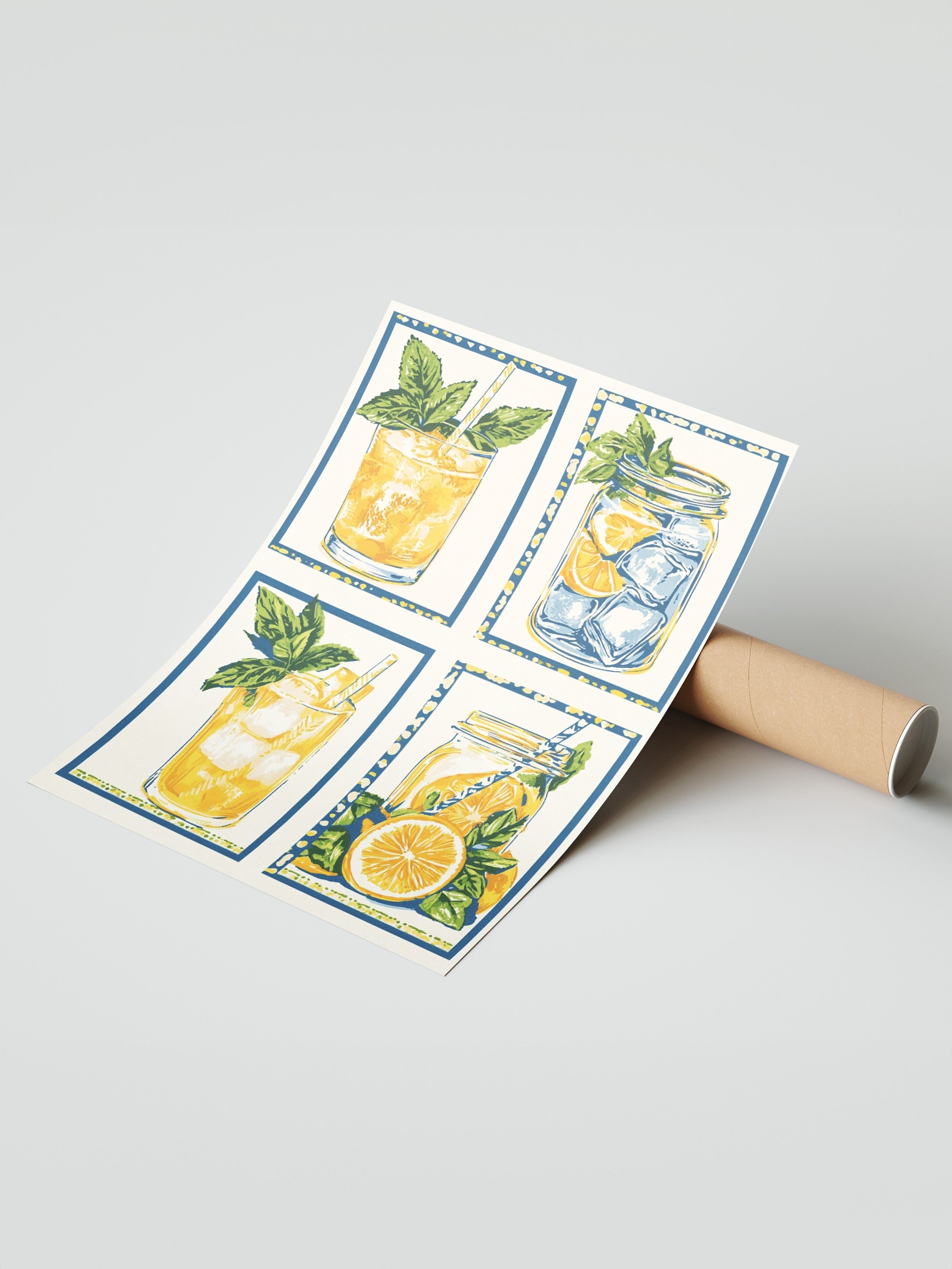 Çerçevesiz Duvar Posteri, Cam, Kavanoz, Limon, İllüstrasyon, Retro, Sarı, Mavi Renk Poster, 2025 Yaz Seçkisi, NO:109811