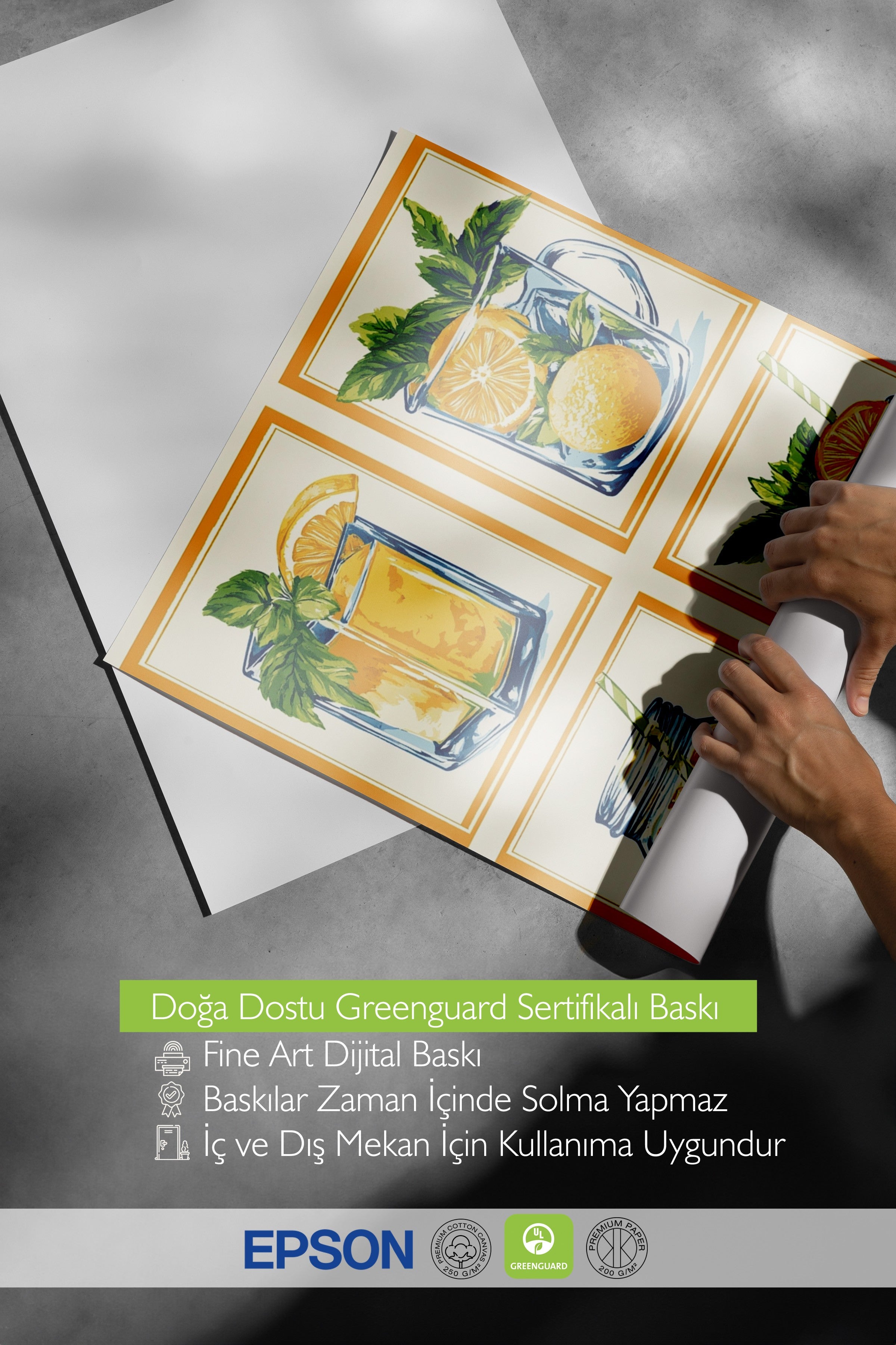 Çerçevesiz Duvar Posteri, Cam, Limon, Buz, İllüstrasyon, Düz İllüstrasyon, Turuncu, Yeşil Renk Poster, 2025 Yaz Seçkisi, NO:109810