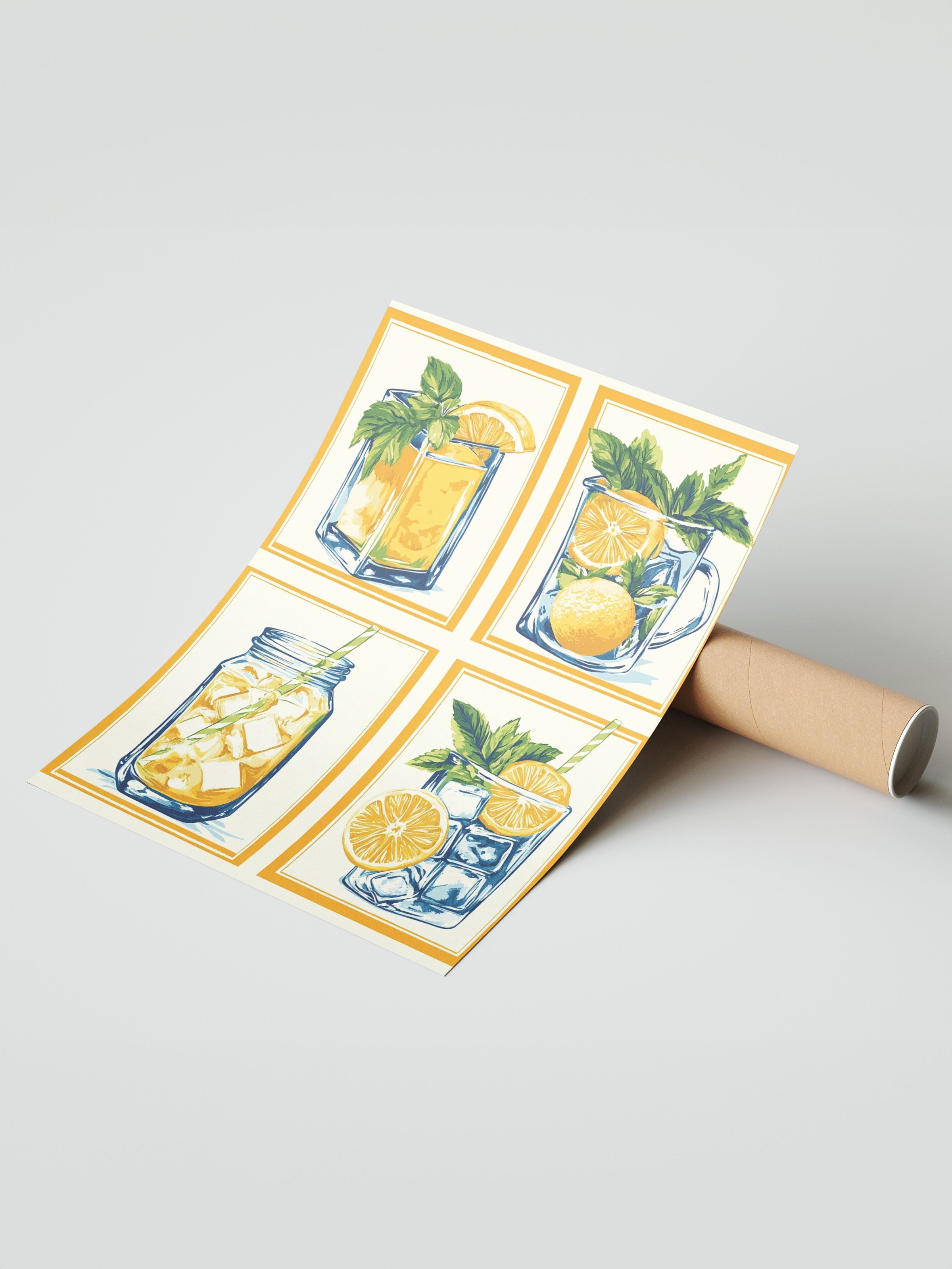 Çerçevesiz Duvar Posteri, Cam, Limon, Buz, İllüstrasyon, Düz İllüstrasyon, Turuncu, Yeşil Renk Poster, 2025 Yaz Seçkisi, NO:109810