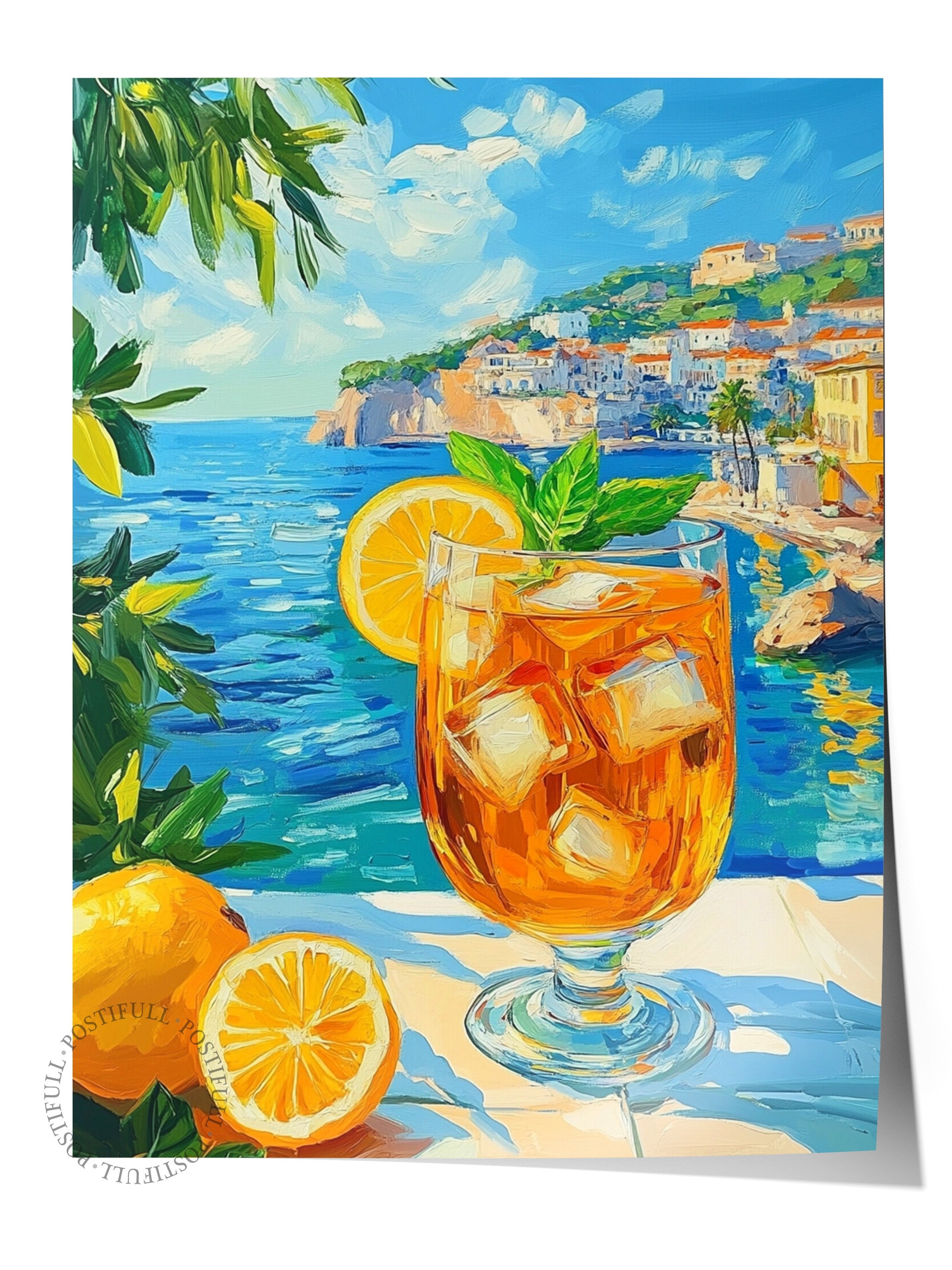 Çerçevesiz Duvar Posteri, Cam, Limon, Deniz, Empresyonist, Akrilik Resim, Mavi, Sarı Renk Poster, 2025 Yaz Seçkisi, NO:109799