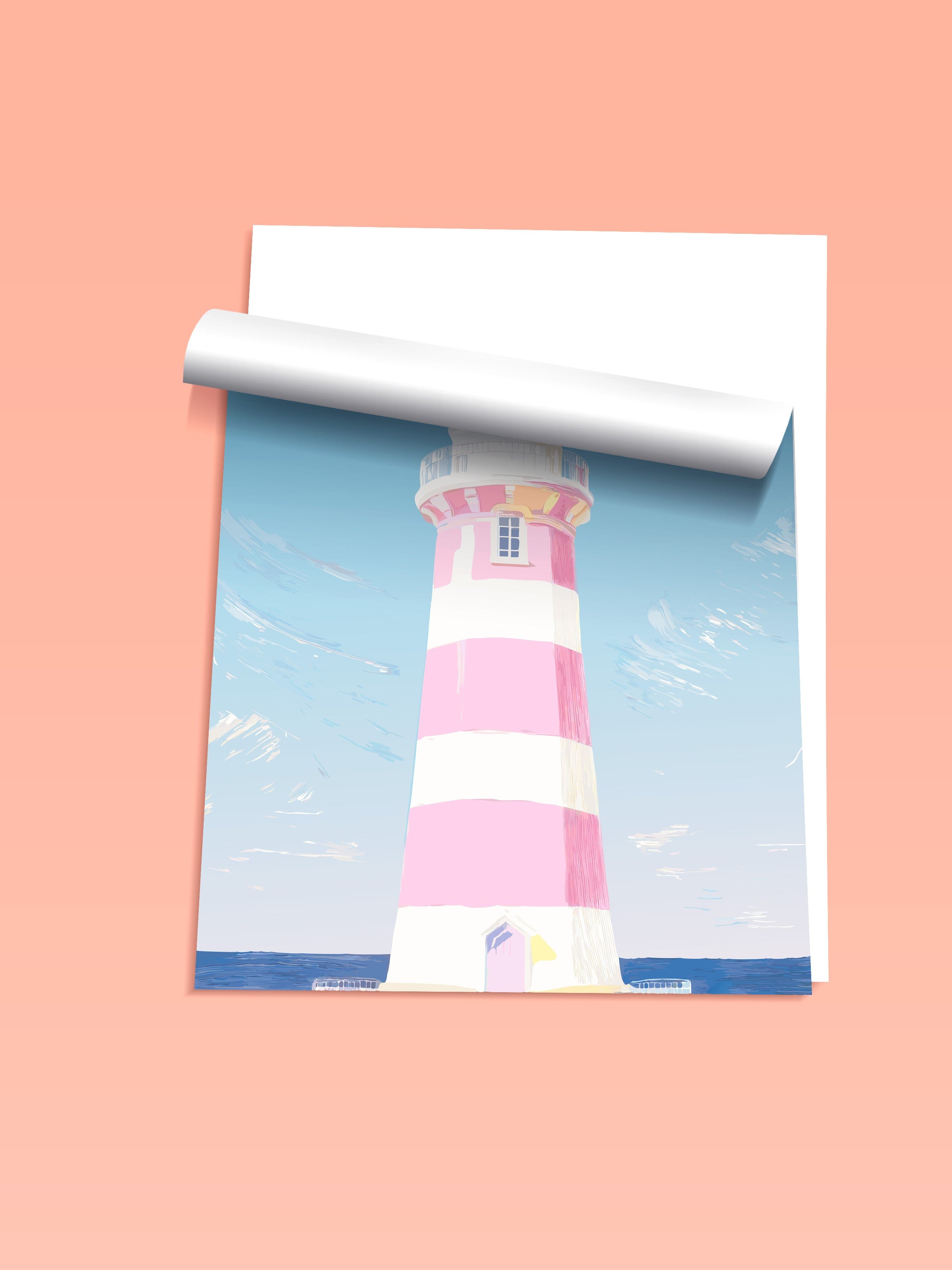 Çerçevesiz Duvar Posteri, Deniz feneri, illüstrasyon, Pastel Tonlar, Mavi Renk Poster, 2025 Yaz Seçkisi, NO:109862