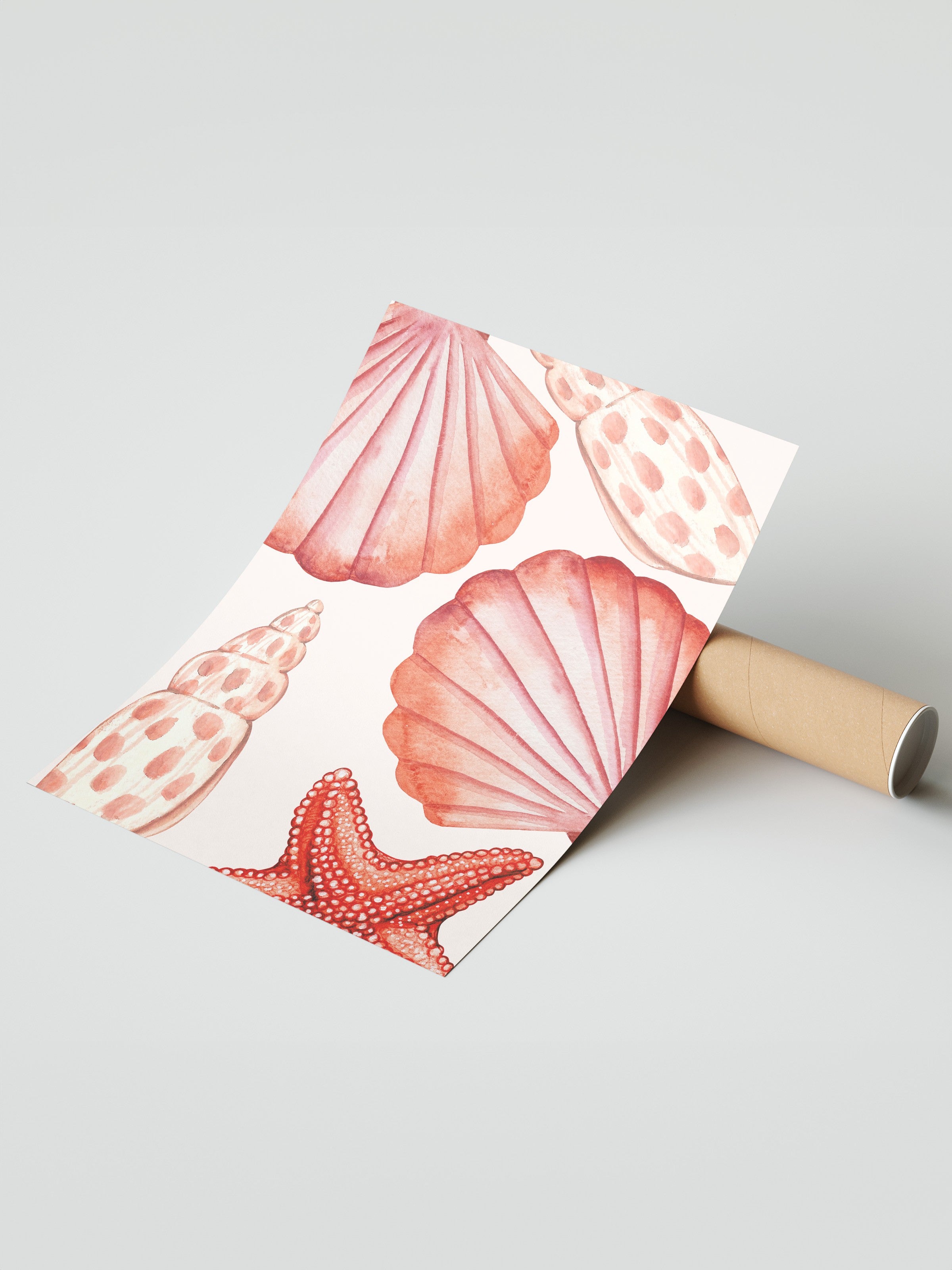 Çerçevesiz Duvar Posteri, Deniz kabuğu, Deniz yıldızı, sulu boya, Kırmızı Renk Poster, 2025 Yaz Seçkisi, NO:109859