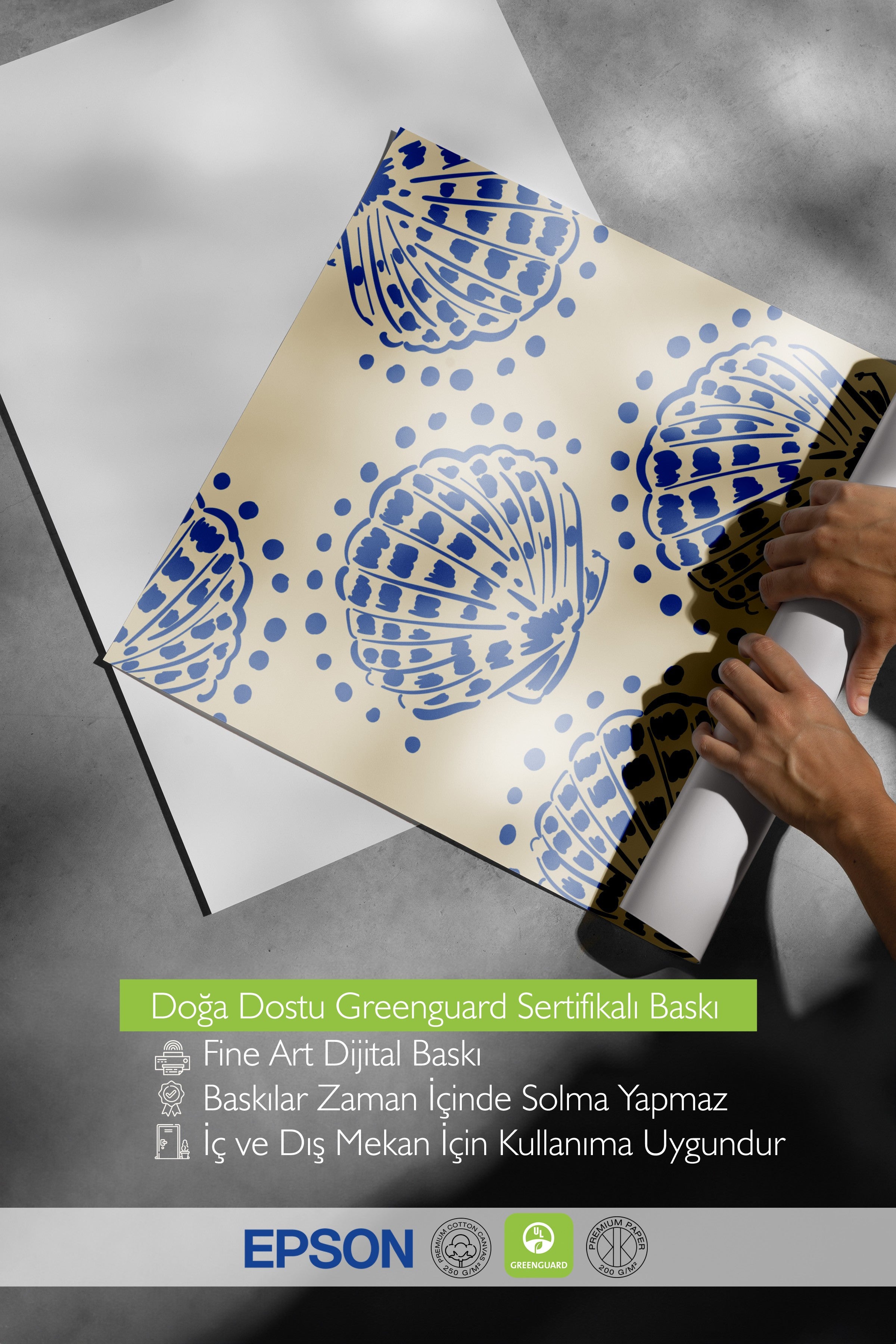 Çerçevesiz Duvar Posteri, Deniz kabukları, noktalar, Düz İllüstrasyon, Bej, Mavi Renk Poster, 2025 Yaz Seçkisi, NO:109827
