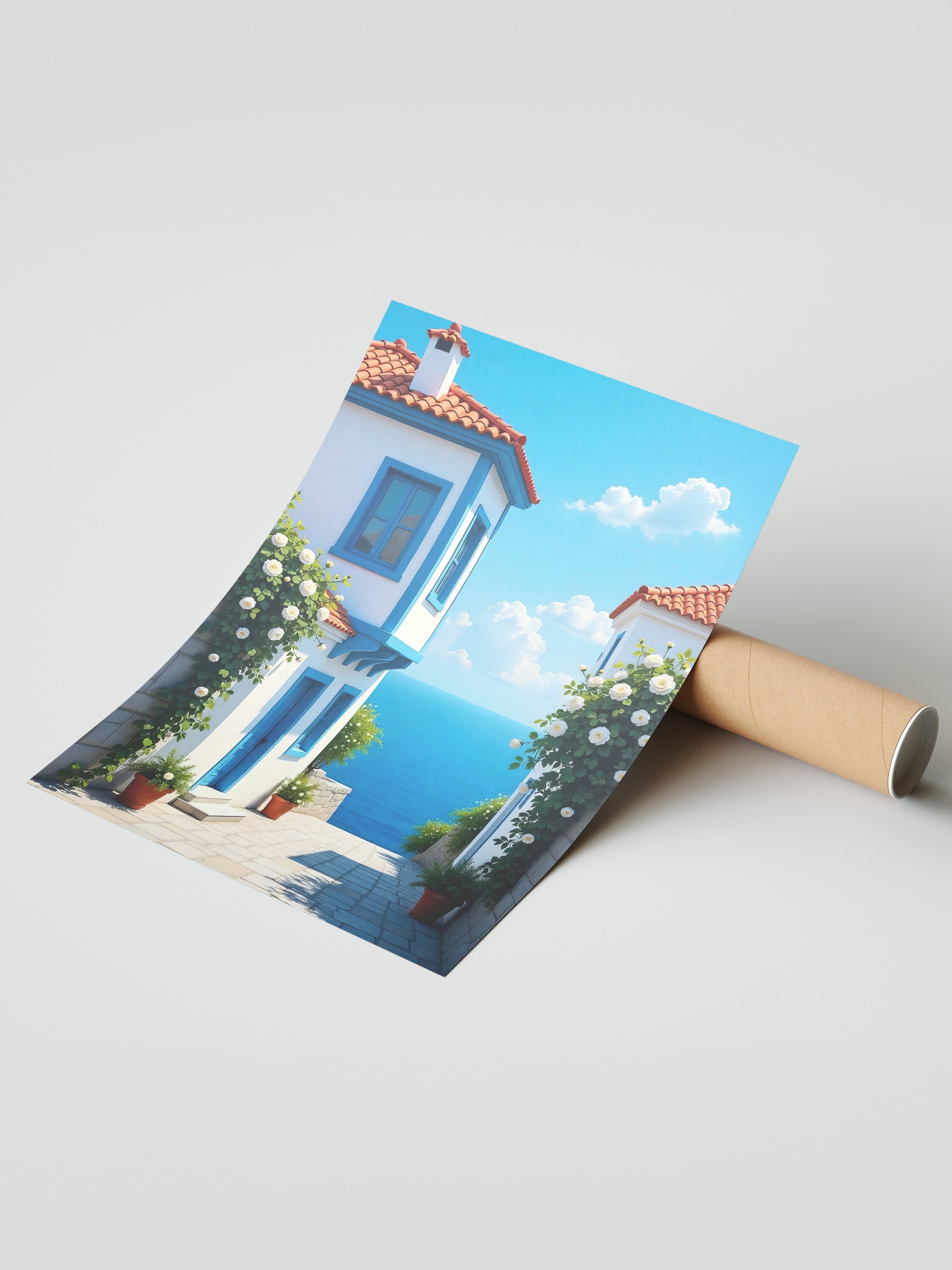 Çerçevesiz Duvar Posteri, Deniz Manzaralı Ev, Fotoğraf, Mavi Renk Poster, 2025 Yaz Seçkisi, NO:109705