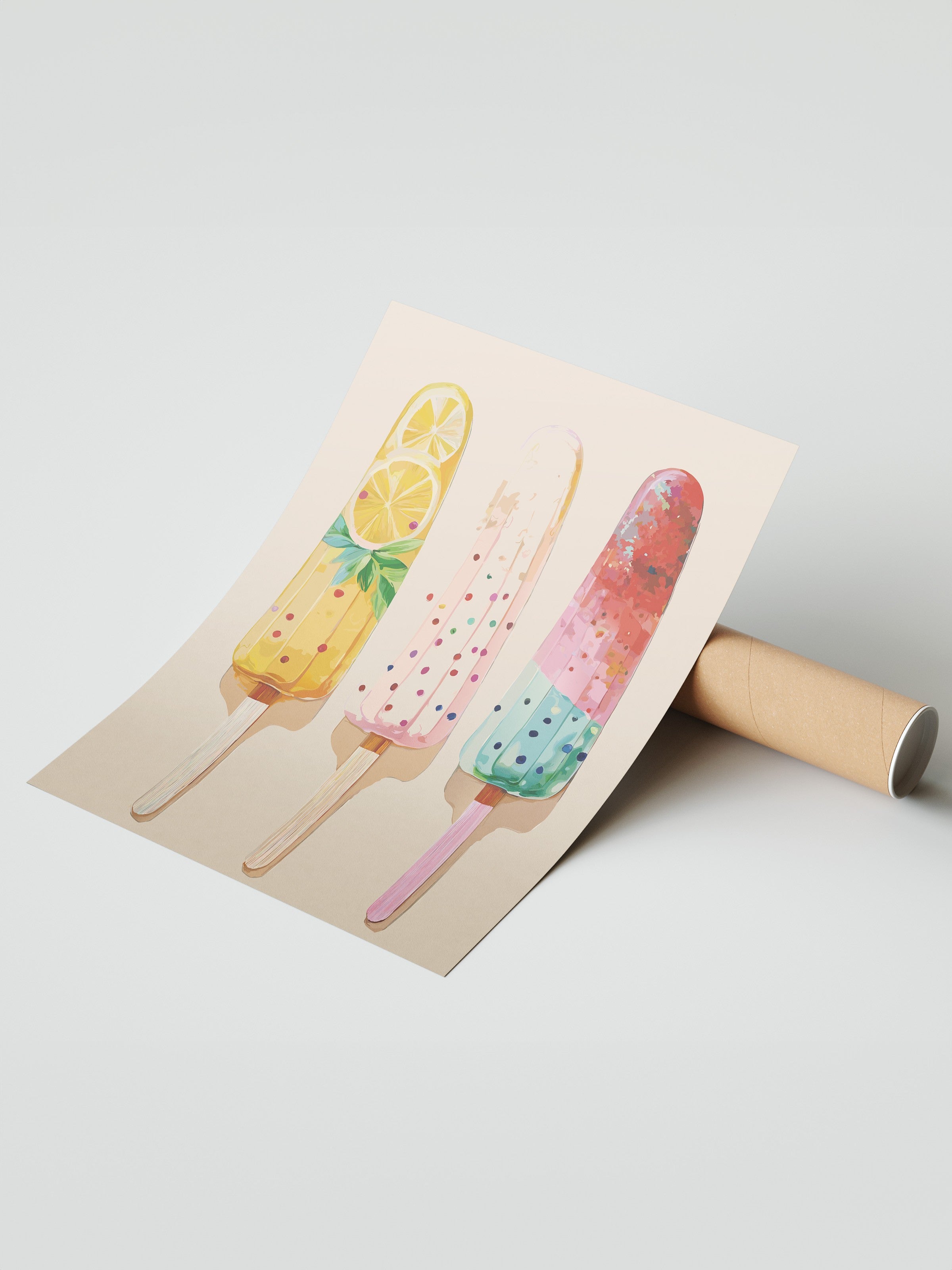 Çerçevesiz Duvar Posteri, Dondurma, Limon, illüstrasyon, Whimsical, Pastel Tonlar, Çok Renkli Renk Poster, 2025 Yaz Seçkisi, NO:109860