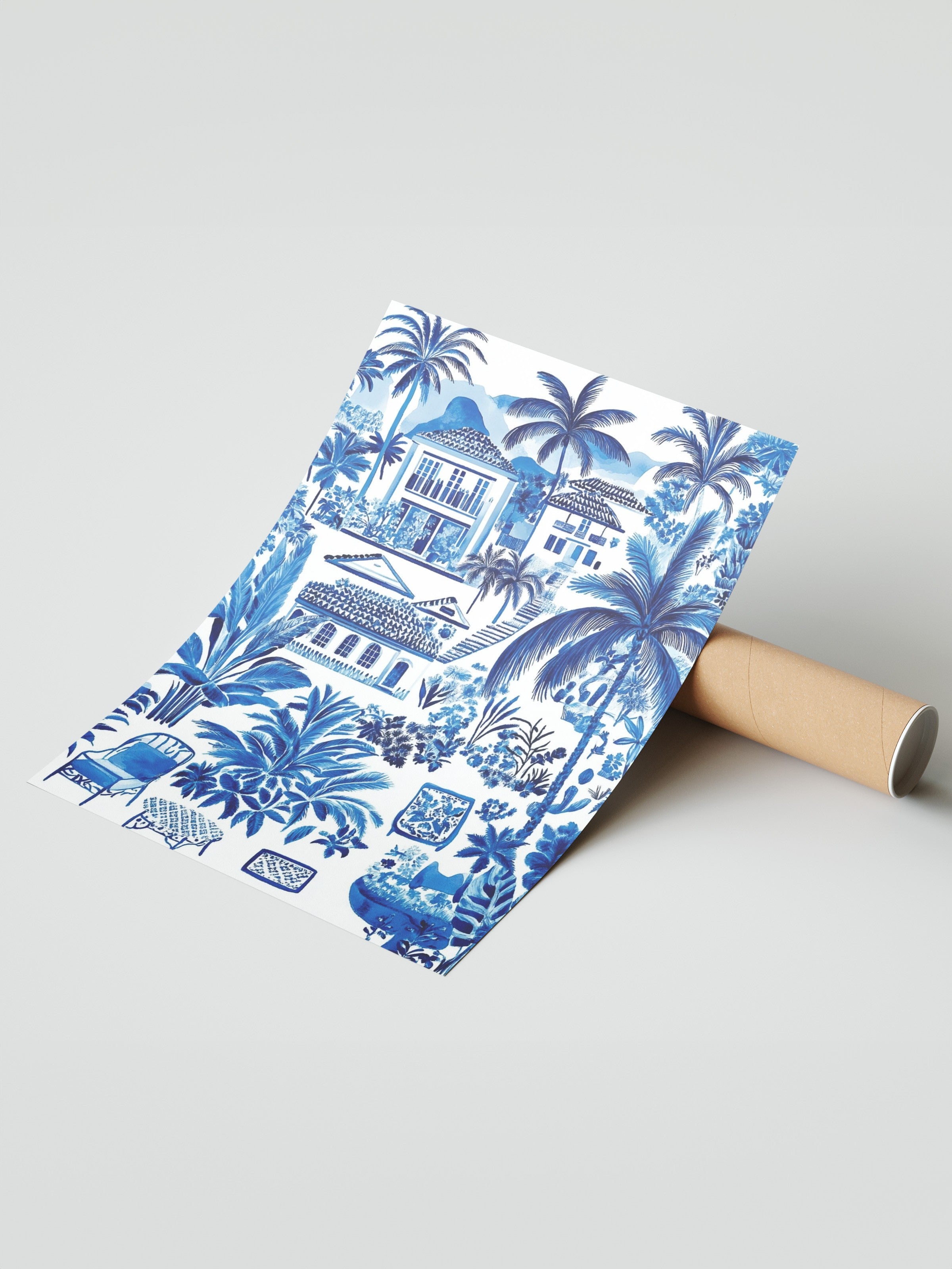 Çerçevesiz Duvar Posteri, Ev, Palmiye Ağaçları, Bitkiler, Suluboya, İllüstrasyon, Mavi, Beyaz Renk Poster, 2025 Yaz Seçkisi, NO:109813