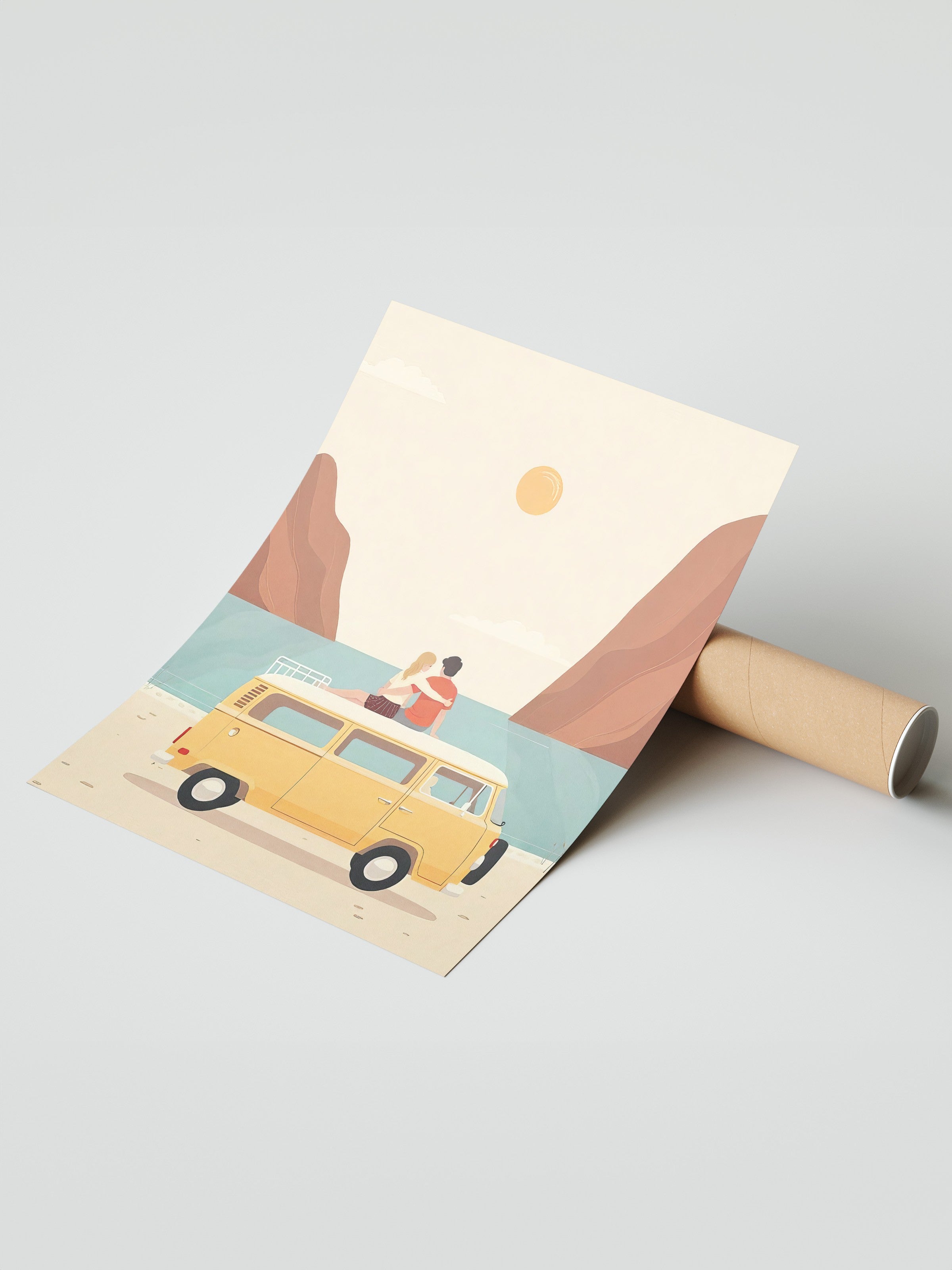 Çerçevesiz Duvar Posteri, Gün Batımı ve Çift, İllüstrasyon, Sarı Renk Poster, 2025 Yaz Seçkisi, NO:109703