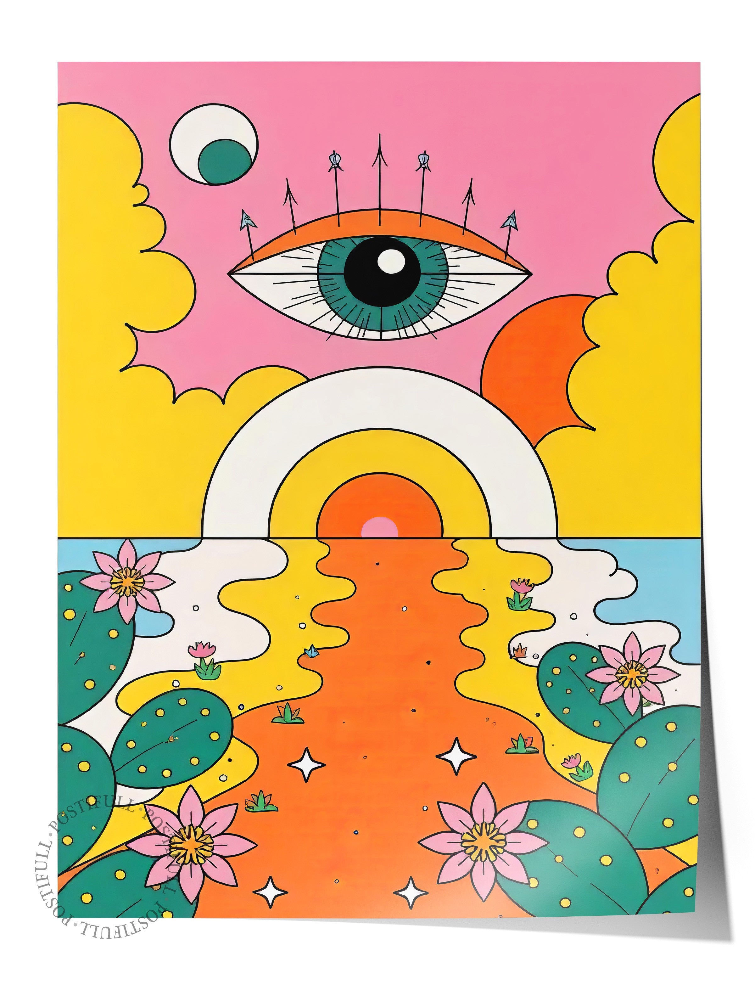 Çerçevesiz Duvar Posteri, Güneşin Gözü, İllüstrasyon Maximalist, Sarı Renk Poster, 2025 Yaz Seçkisi, NO:109757