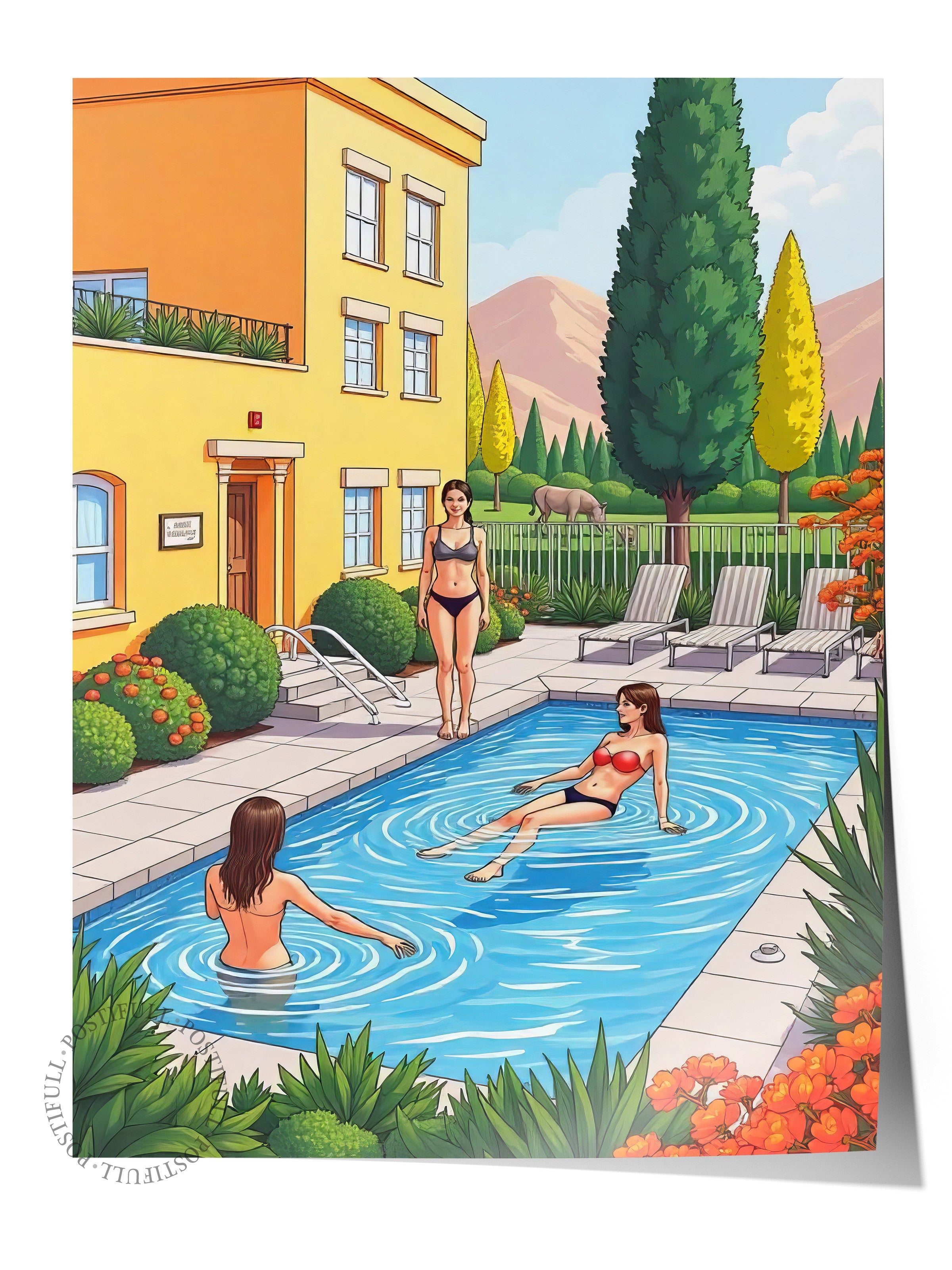 Çerçevesiz Duvar Posteri, Havuz Partisi, İllüstrasyon, Maximalist, Mavi Renk Poster, 2025 Yaz Seçkisi, NO:109763