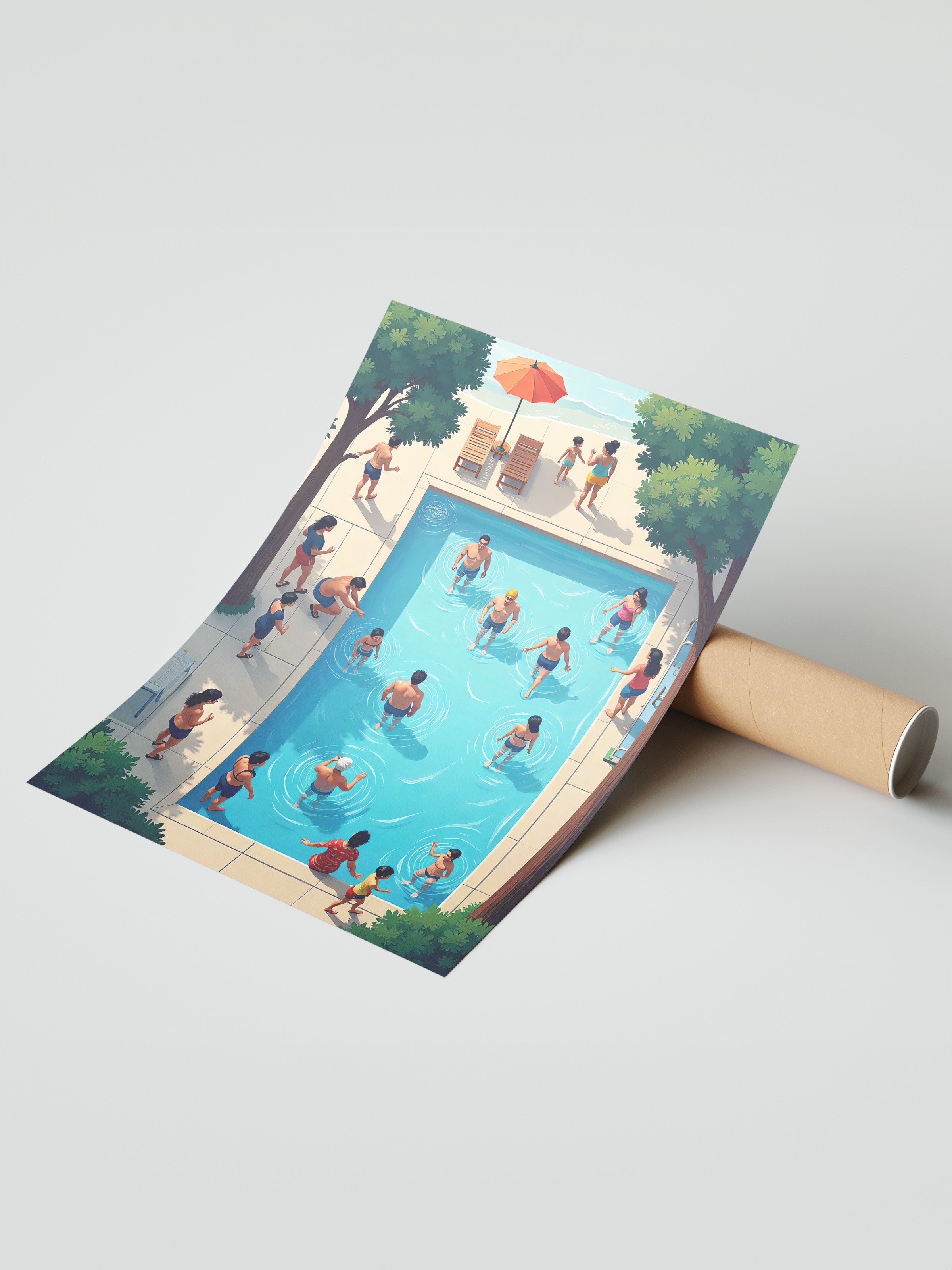 Çerçevesiz Duvar Posteri, Havuzda Kalabalık, İllüstrasyon, Maximalist, Mavi Renk Poster, 2025 Yaz Seçkisi, NO:109762