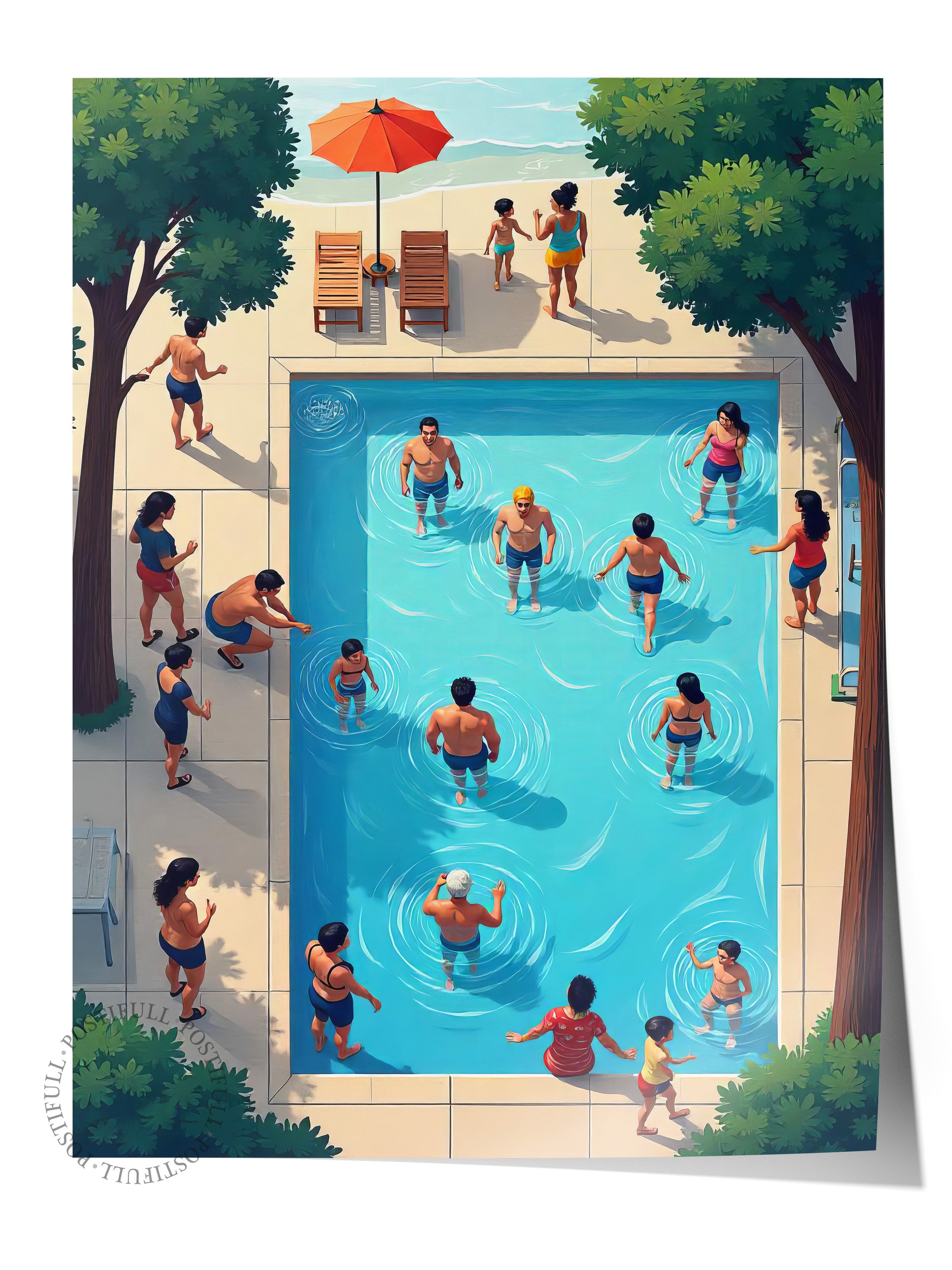 Çerçevesiz Duvar Posteri, Havuzda Kalabalık, İllüstrasyon, Maximalist, Mavi Renk Poster, 2025 Yaz Seçkisi, NO:109762
