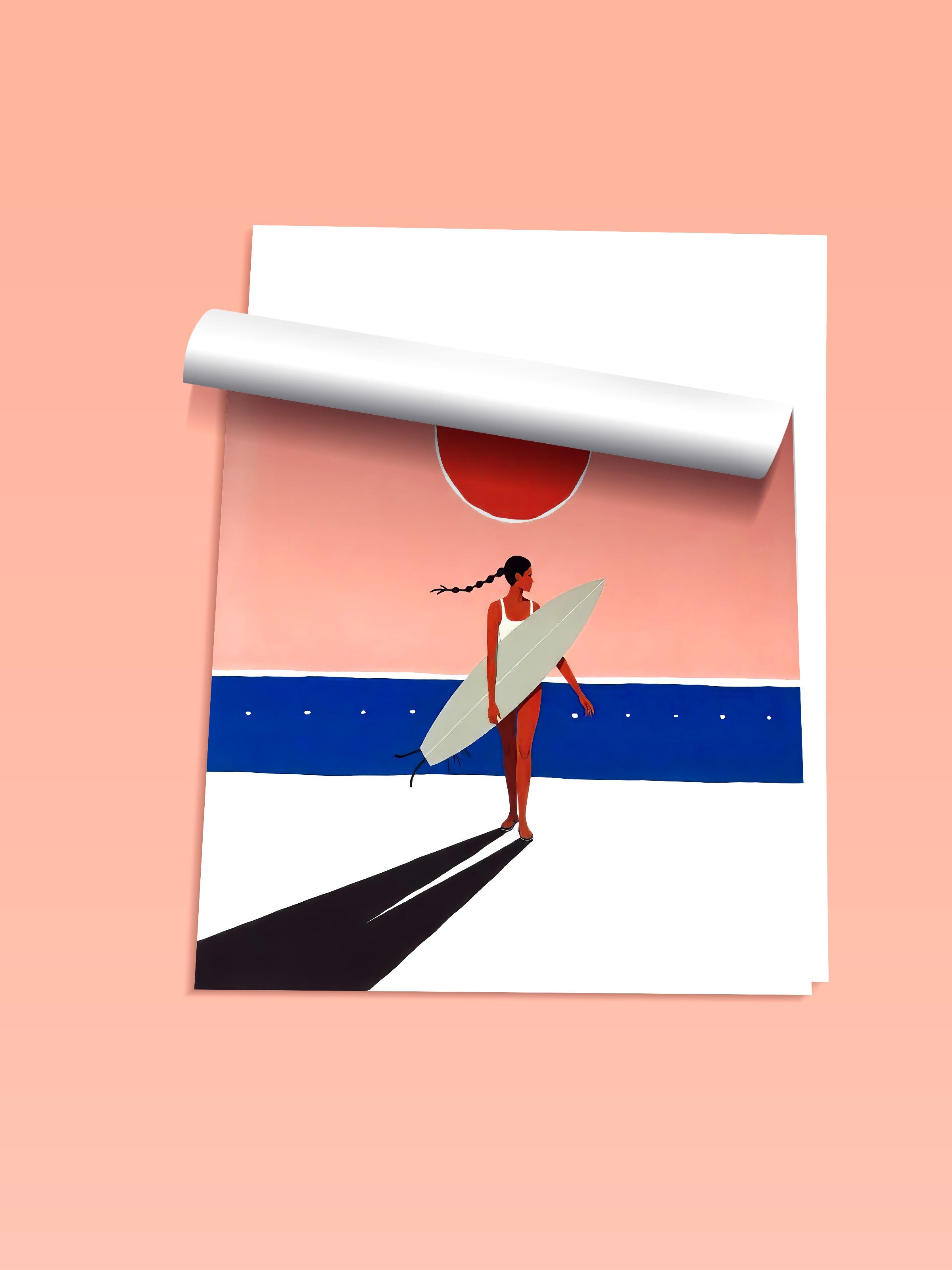 Çerçevesiz Duvar Posteri, Kadın Sörfçü, İllüstrasyon, Kırmızı Renk Poster, 2025 Yaz Seçkisi, NO:109512