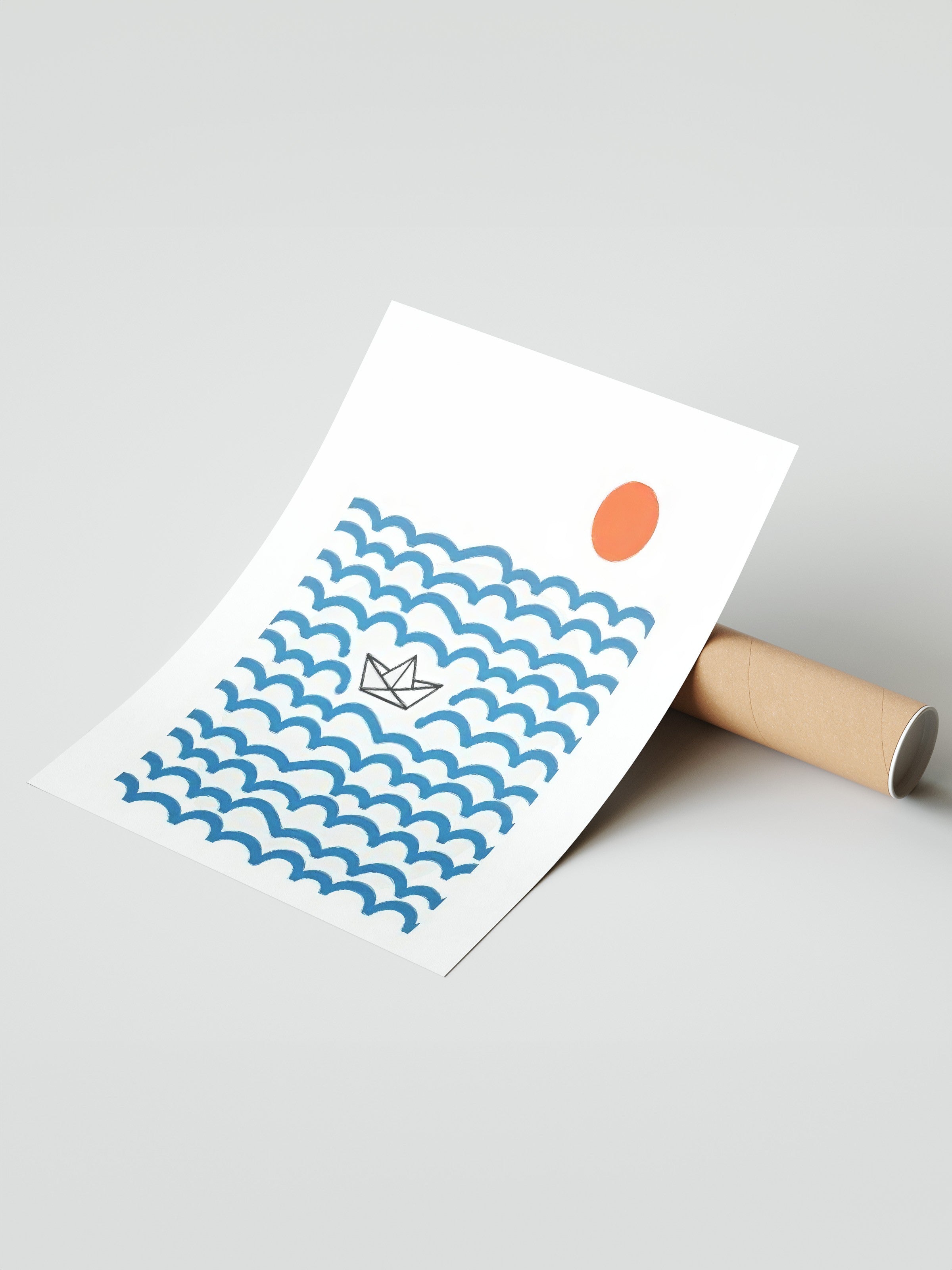 Çerçevesiz Duvar Posteri, Kağıt Tekne, İllüstrasyon, Maximalist, Mavi Renk Poster, 2025 Yaz Seçkisi, NO:109505