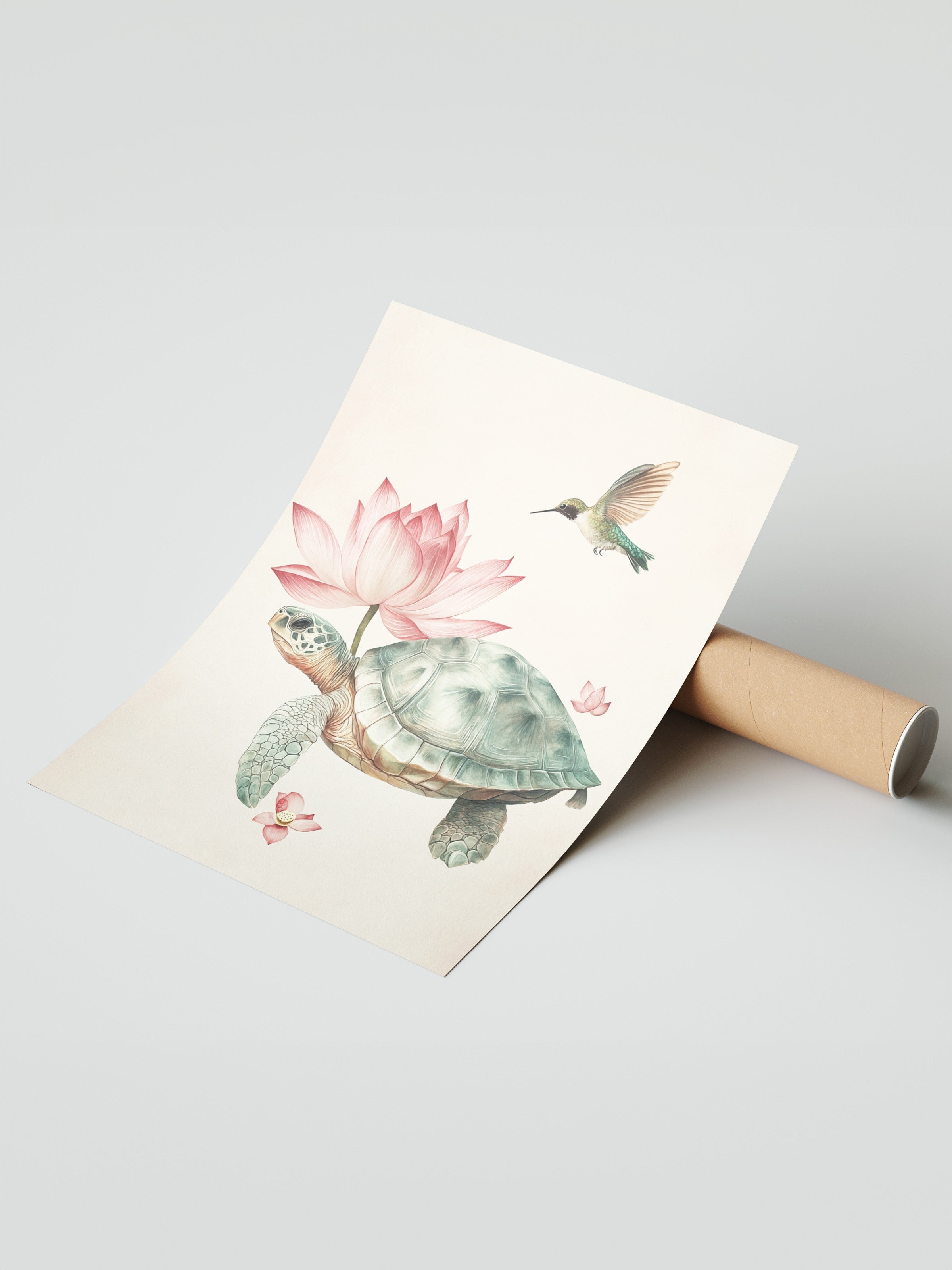 Çerçevesiz Duvar Posteri, Kaplumbağa, Sinek Kuşu, Lotus, İllüstrasyon, Pastel Tonlar Renk Poster, 2025 Yaz Seçkisi, NO:109795