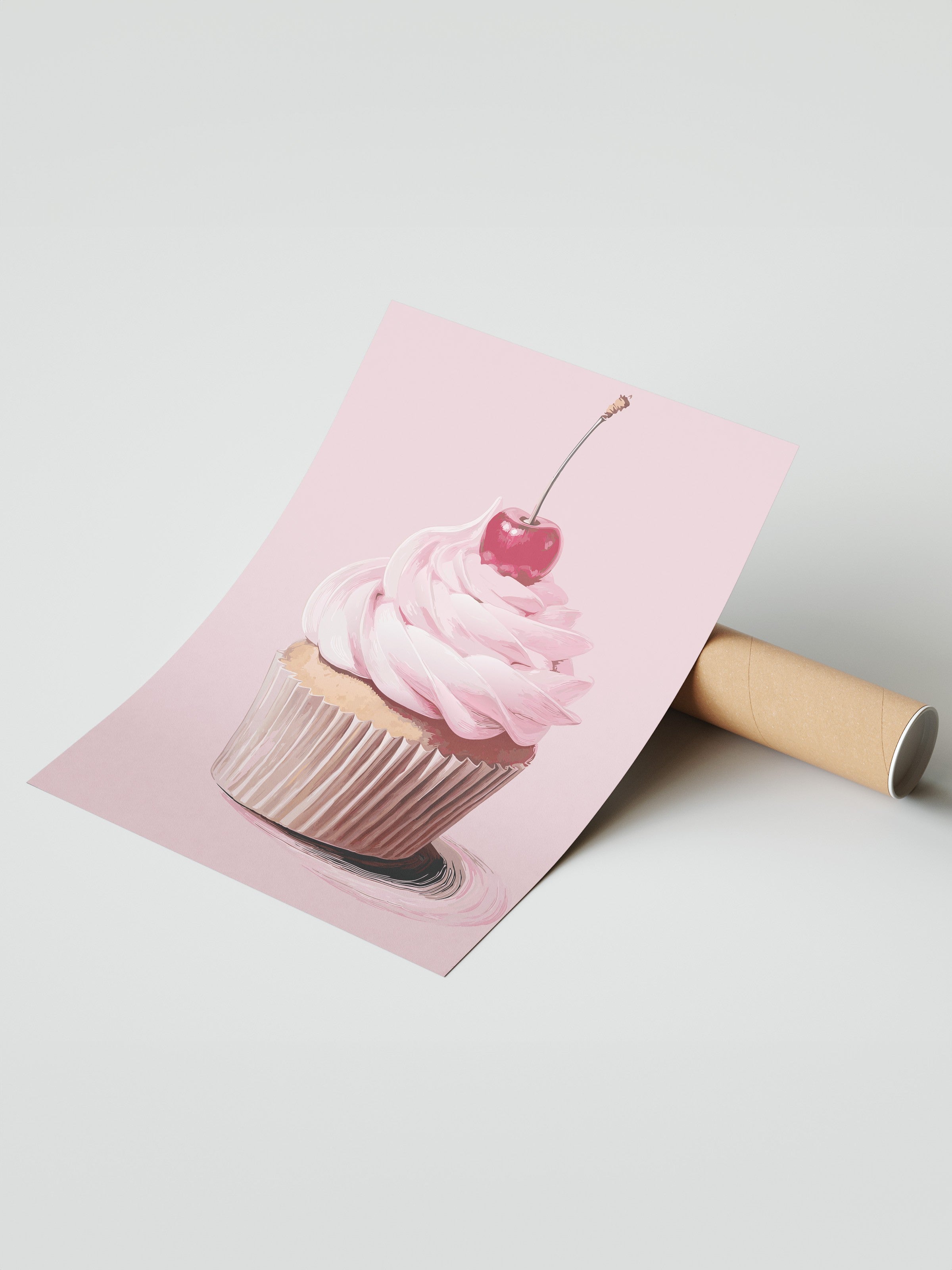 Çerçevesiz Duvar Posteri, Kek, Kiraz, illüstrasyon, Pembe, Pastel Tonlar Renk Poster, 2025 Yaz Seçkisi, NO:109868