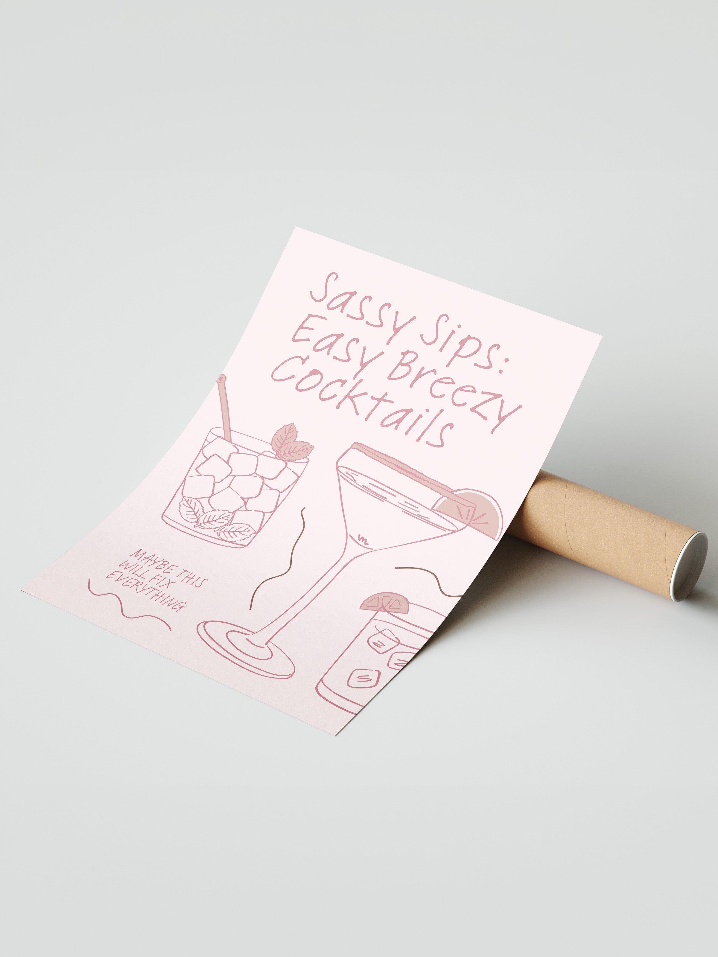 Çerçevesiz Duvar Posteri, Kokteyller, Metin, illüstrasyon, Minimalist, Pembe, Pastel Tonlar Renk Poster, 2025 Yaz Seçkisi, NO:109805