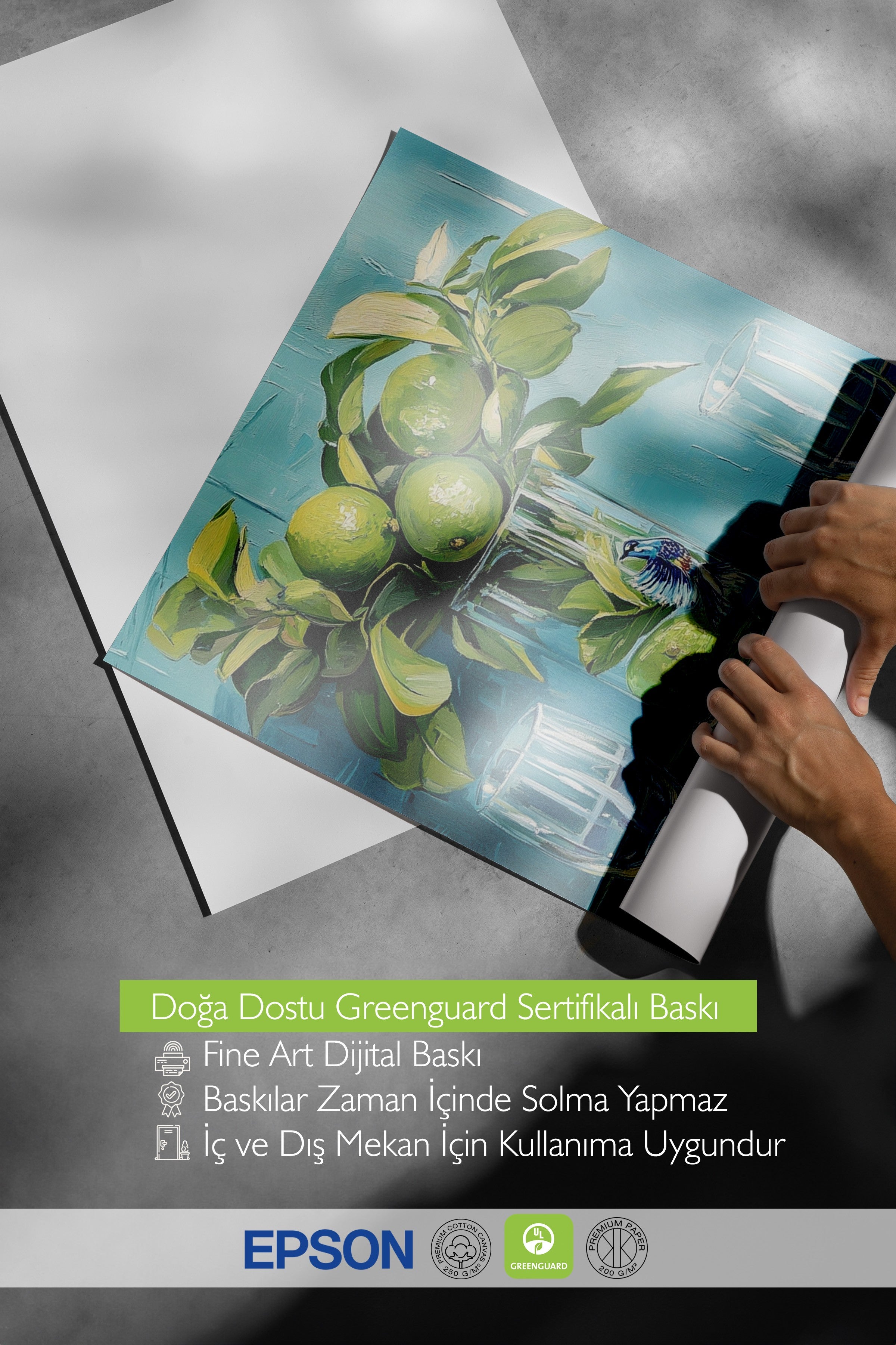 Çerçevesiz Duvar Posteri, Limon, Vazo, Tabak, Yağlıboya Tablo, Yeşil, Mavi Renk Poster, 2025 Yaz Seçkisi, NO:109798