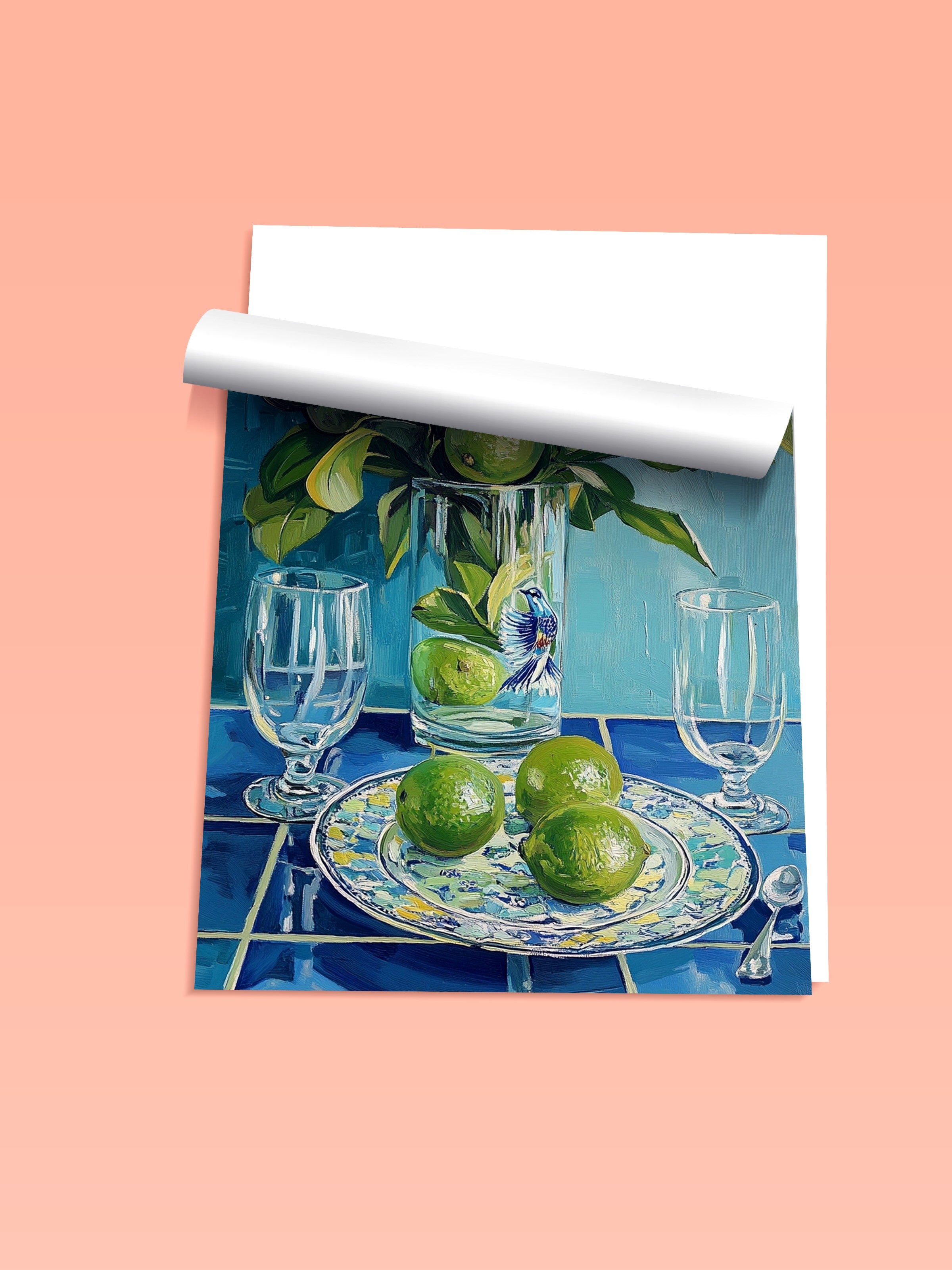 Çerçevesiz Duvar Posteri, Limon, Vazo, Tabak, Yağlıboya Tablo, Yeşil, Mavi Renk Poster, 2025 Yaz Seçkisi, NO:109798