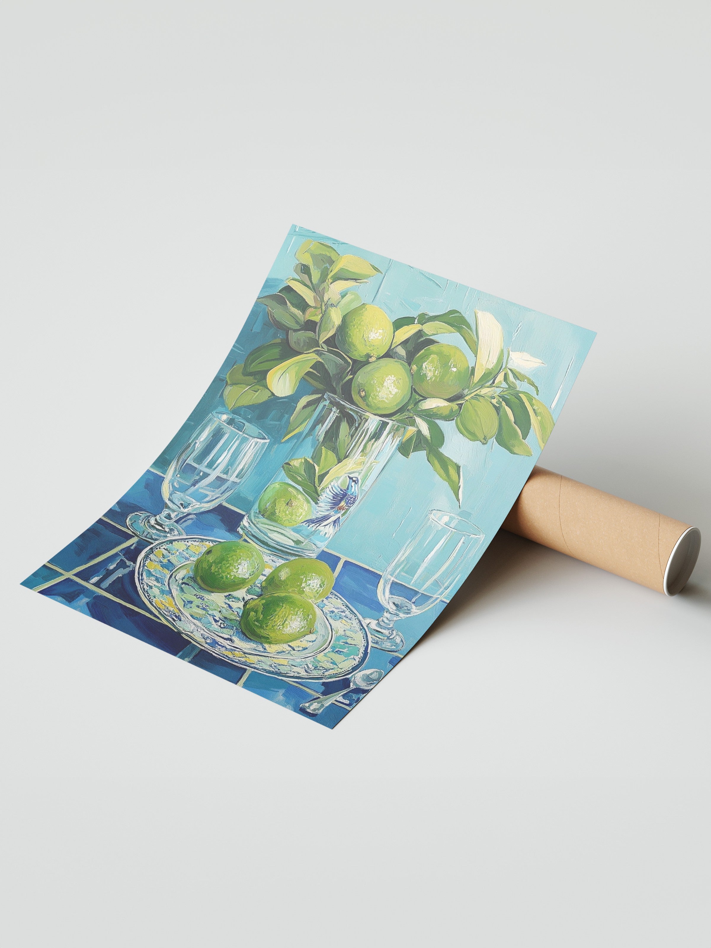 Çerçevesiz Duvar Posteri, Limon, Vazo, Tabak, Yağlıboya Tablo, Yeşil, Mavi Renk Poster, 2025 Yaz Seçkisi, NO:109798