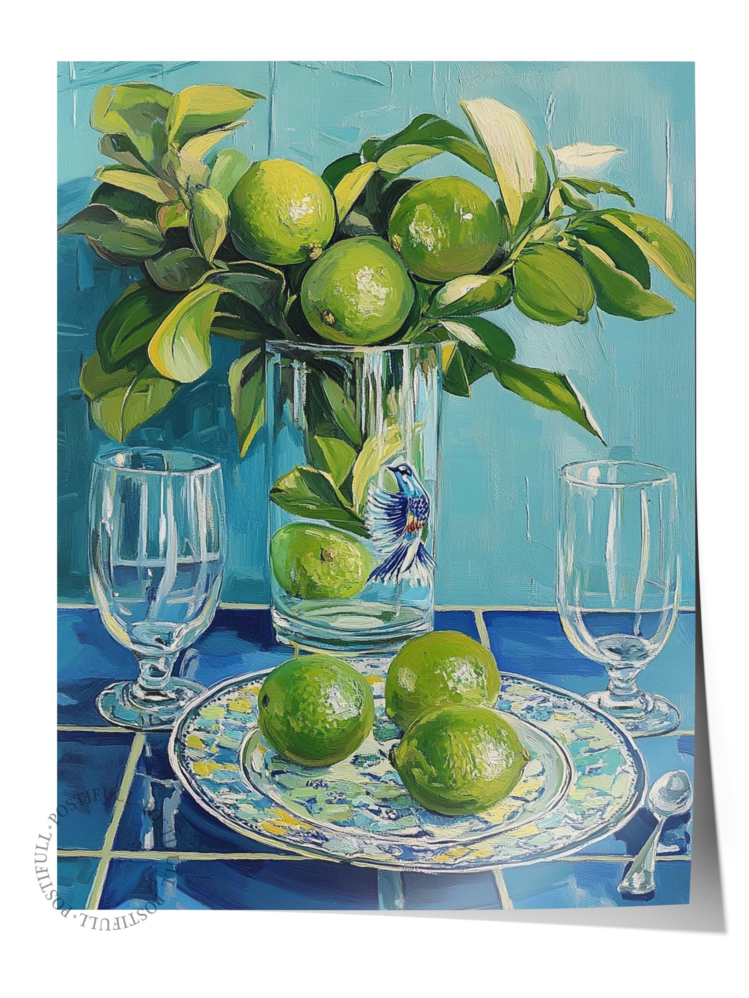 Çerçevesiz Duvar Posteri, Limon, Vazo, Tabak, Yağlıboya Tablo, Yeşil, Mavi Renk Poster, 2025 Yaz Seçkisi, NO:109798