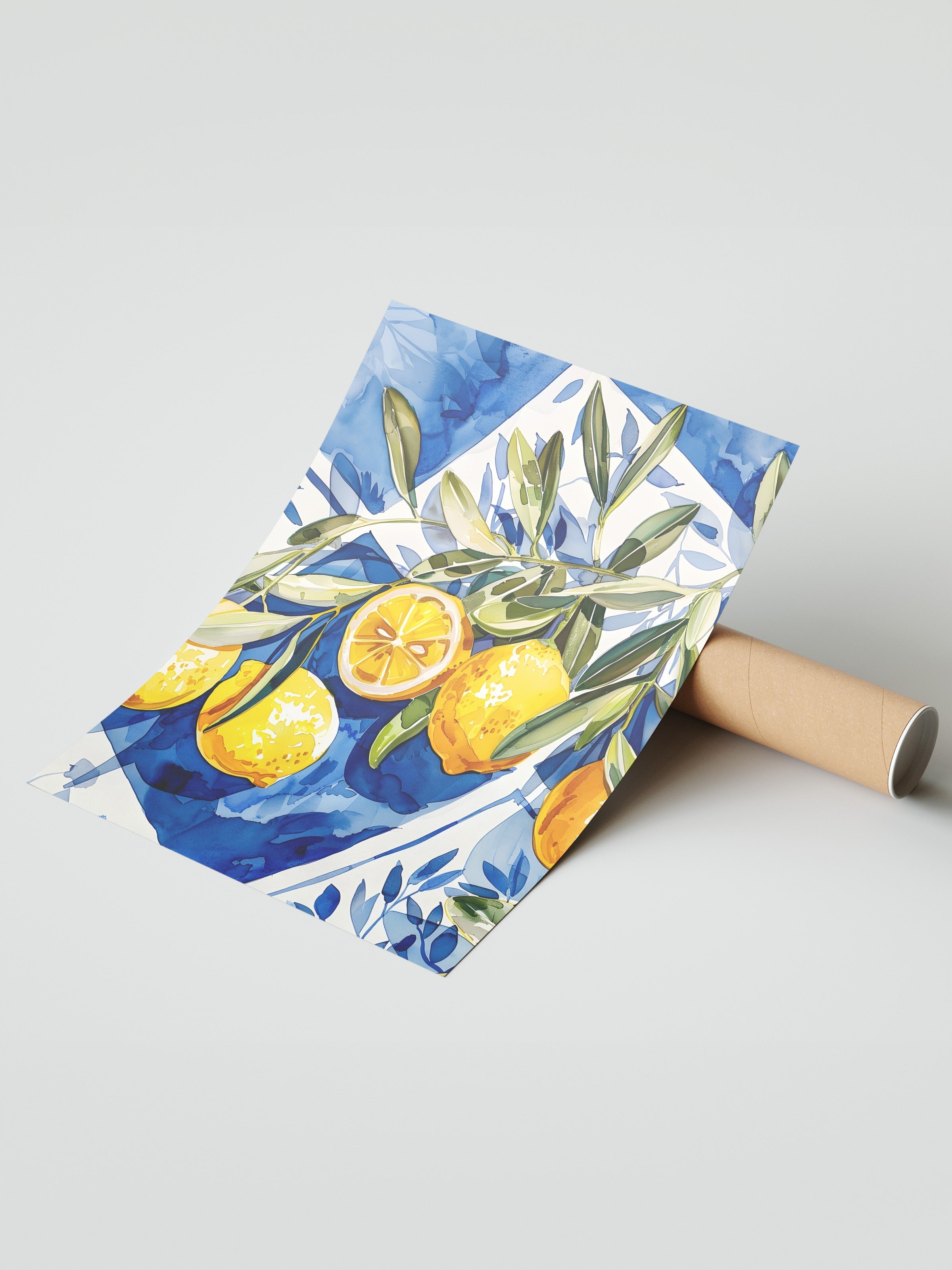 Çerçevesiz Duvar Posteri, Limonlar, Yapraklar, Arka Plan, Suluboya, İllüstrasyon, Mavi, Sarı Renk Poster, 2025 Yaz Seçkisi, NO:109818