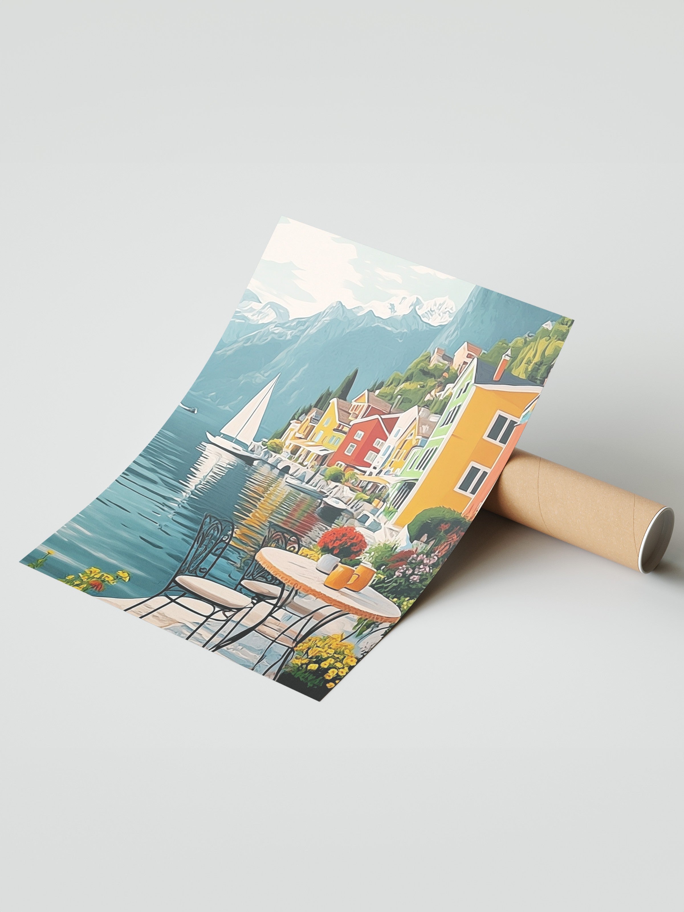 Çerçevesiz Duvar Posteri, Masa, Evler, Yelkenli, İzlenimci, Düz İllüstrasyon, Çok renkli, Mavi Renk Poster, 2025 Yaz Seçkisi, NO:109797