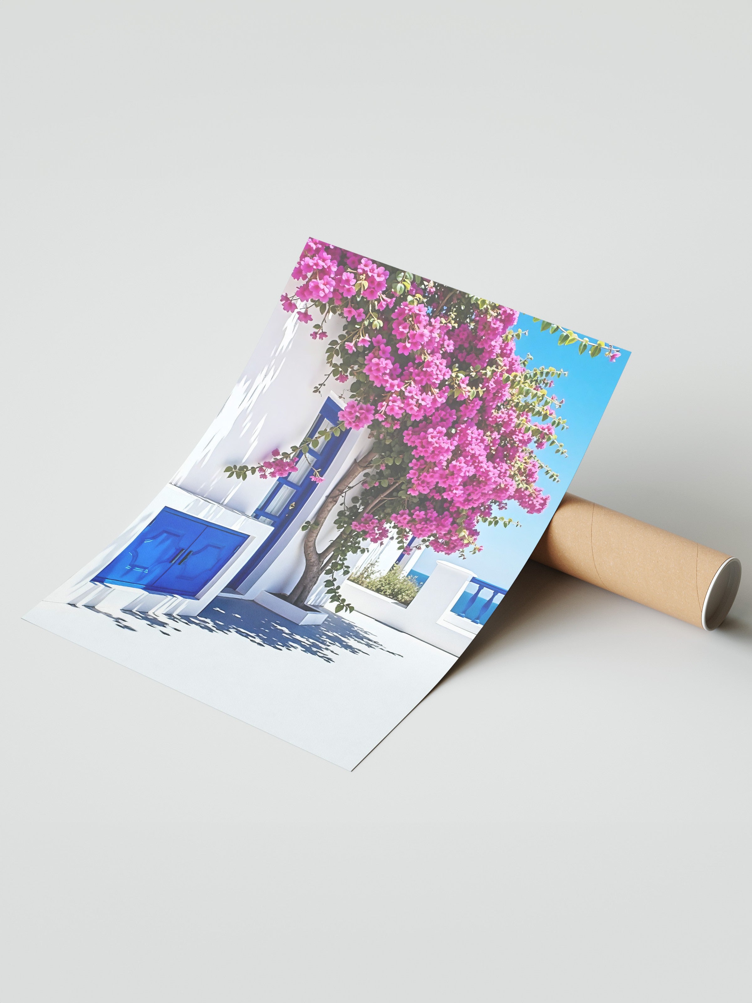 Çerçevesiz Duvar Posteri, Pembe Çiçekler ve Ev, Fotoğraf, Mavi Renk Poster, 2025 Yaz Seçkisi, NO:109530