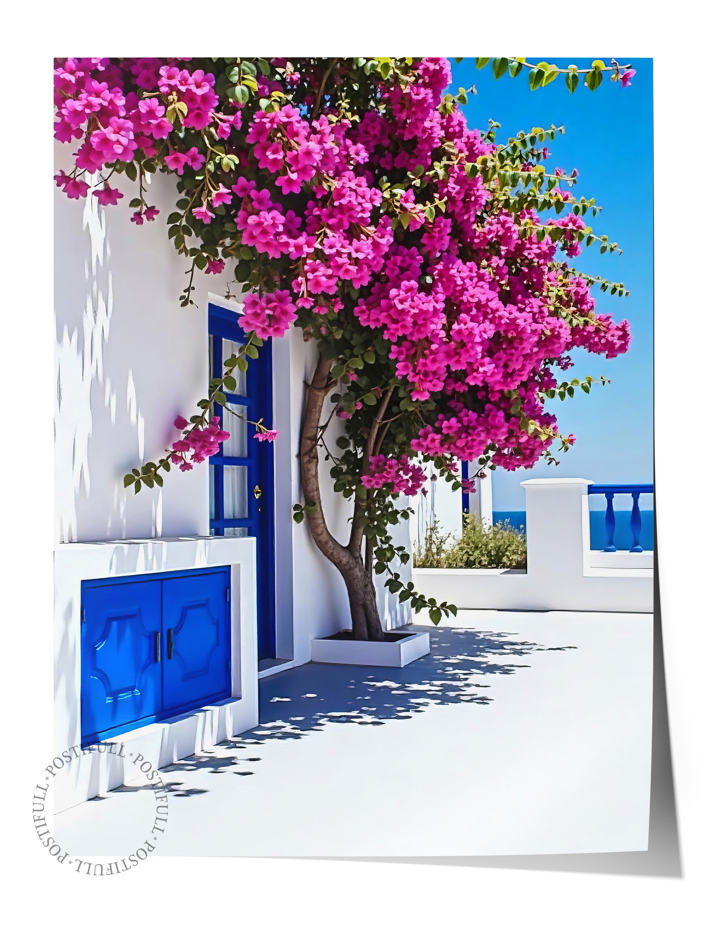 Çerçevesiz Duvar Posteri, Pembe Çiçekler ve Ev, Fotoğraf, Mavi Renk Poster, 2025 Yaz Seçkisi, NO:109530