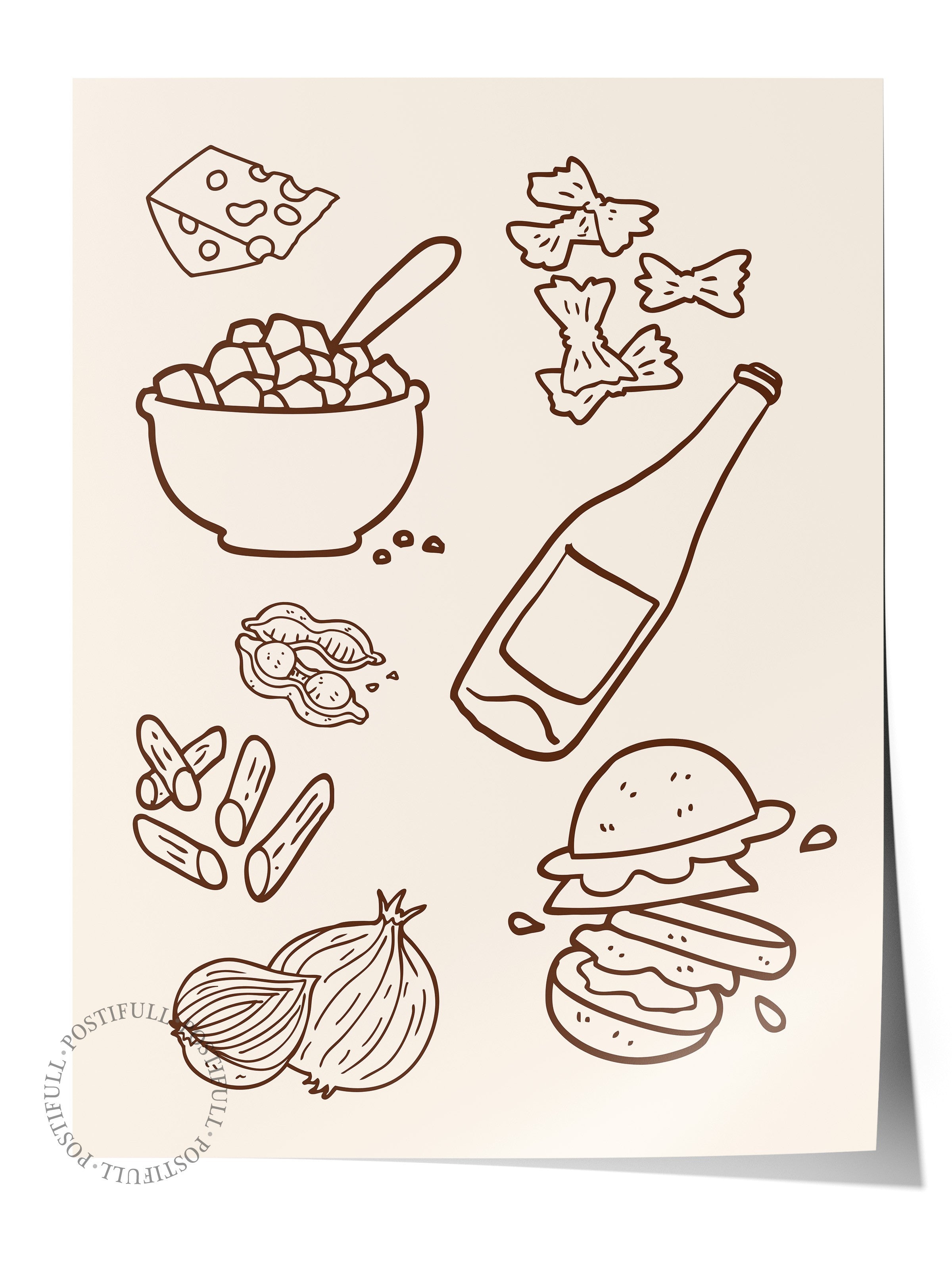 Çerçevesiz Duvar Posteri, Peynir, Şişe, Burger, illüstrasyon, Minimalist, Kahverengi, Bej Renk Poster, 2025 Yaz Seçkisi, NO:109806