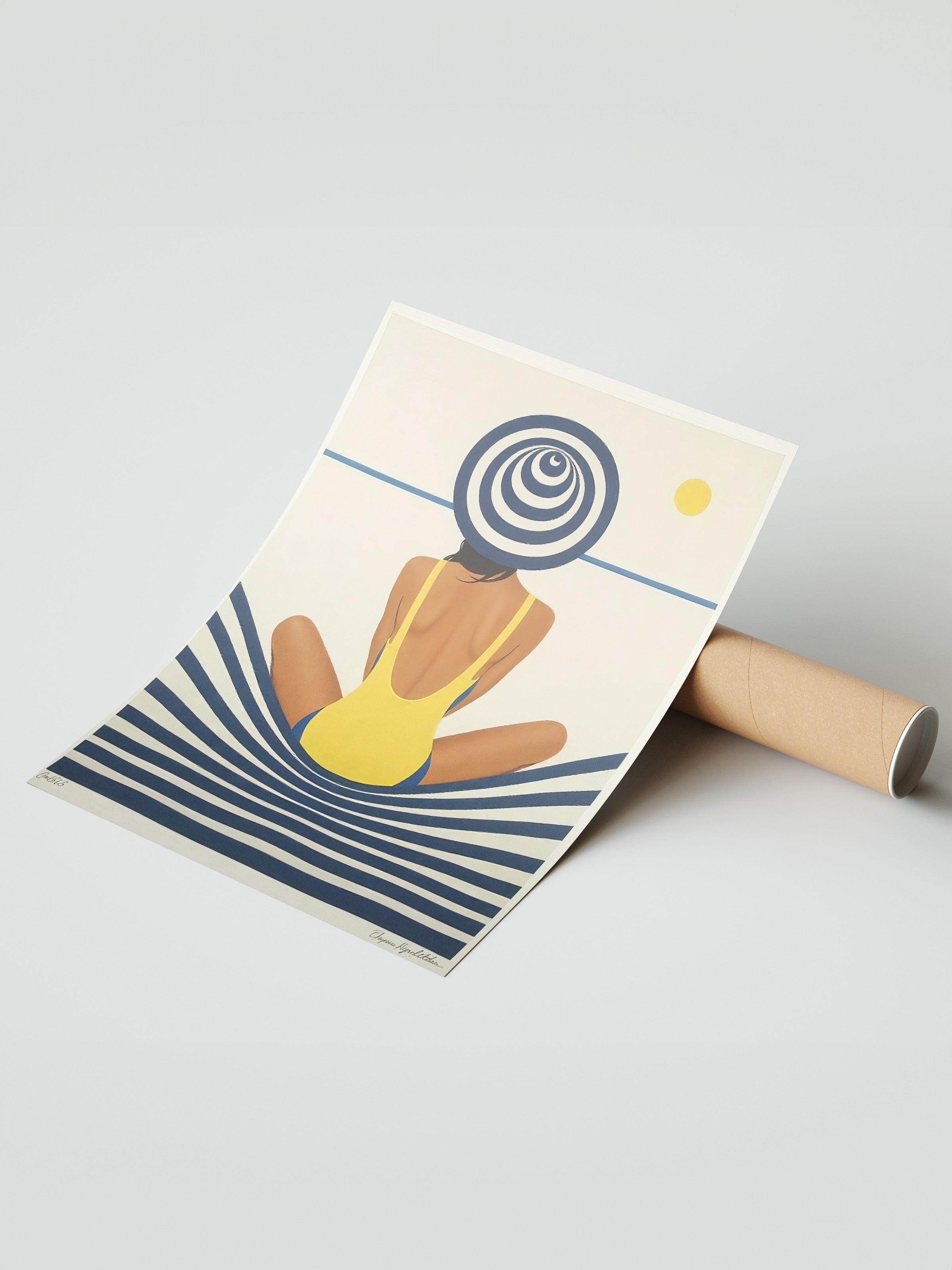 Çerçevesiz Duvar Posteri, Plajdaki Kadın, İllüstrasyon, Sarı Renk Poster, 2025 Yaz Seçkisi, NO:109608