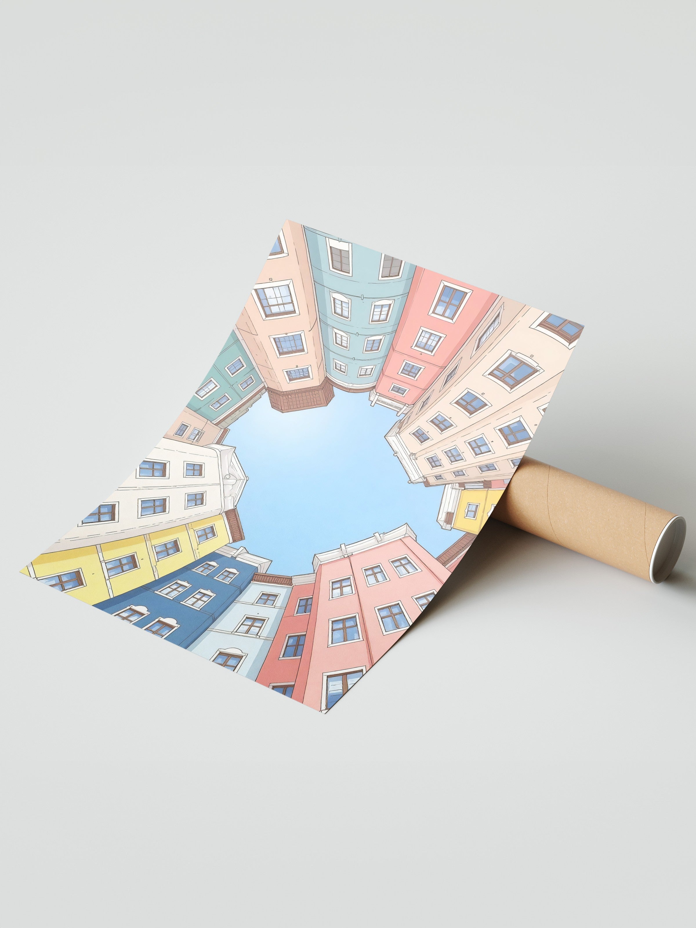 Çerçevesiz Duvar Posteri, Renkli Binalar, İllüstrasyon, Pembe Renk Poster, 2025 Yaz Seçkisi, NO:109535
