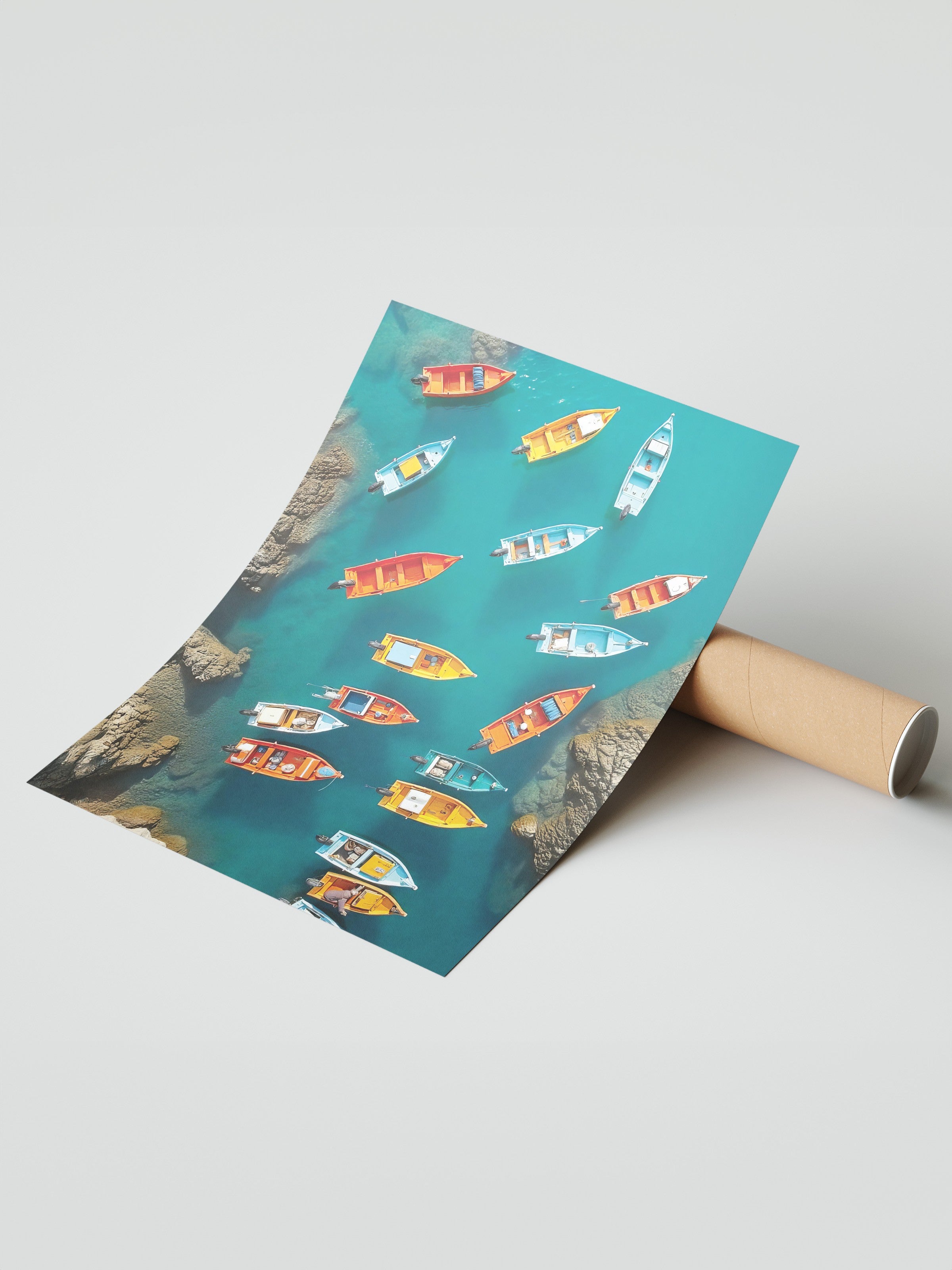 Çerçevesiz Duvar Posteri, Renkli Sandallar, Fotoğraf, Maximalist, Mavi Renk Poster, 2025 Yaz Seçkisi, NO:109496