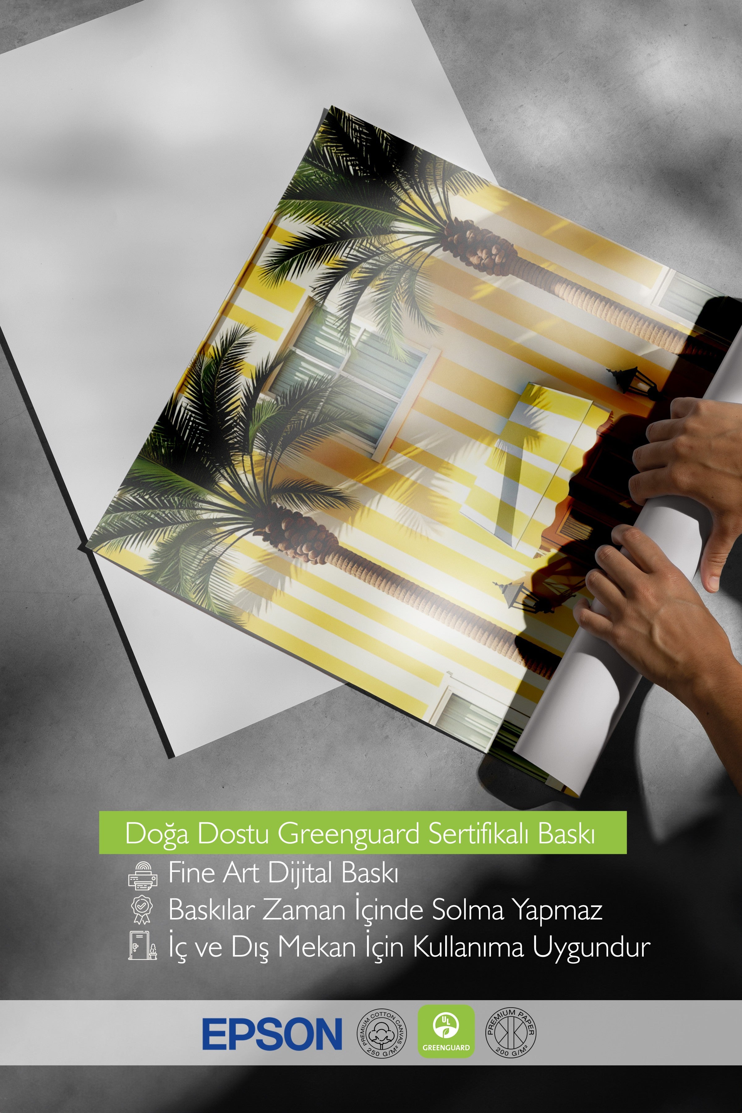 Çerçevesiz Duvar Posteri, Sarı Ev ve Palmiye Ağaçları, Fotoğraf, Maximalist, Sarı Renk Poster, 2025 Yaz Seçkisi, NO:109531