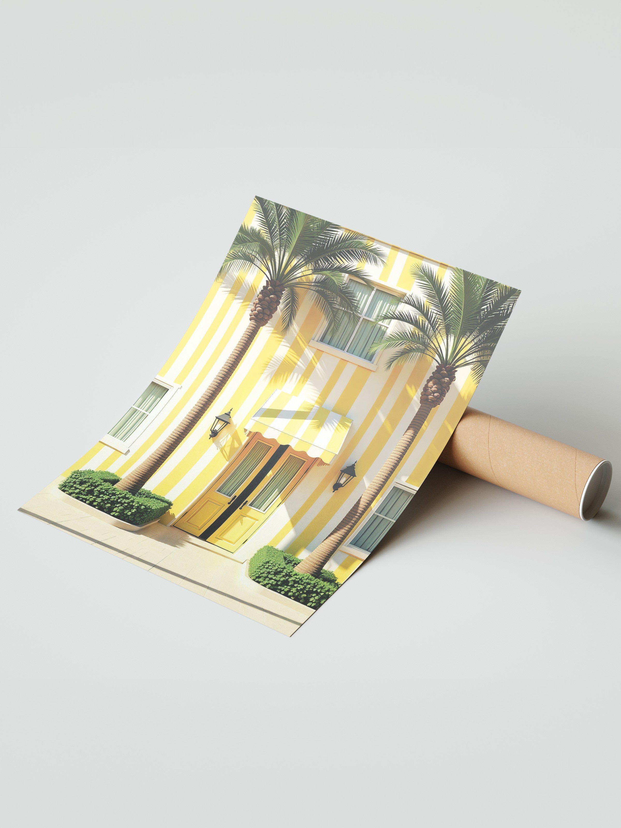 Çerçevesiz Duvar Posteri, Sarı Ev ve Palmiye Ağaçları, Fotoğraf, Maximalist, Sarı Renk Poster, 2025 Yaz Seçkisi, NO:109531