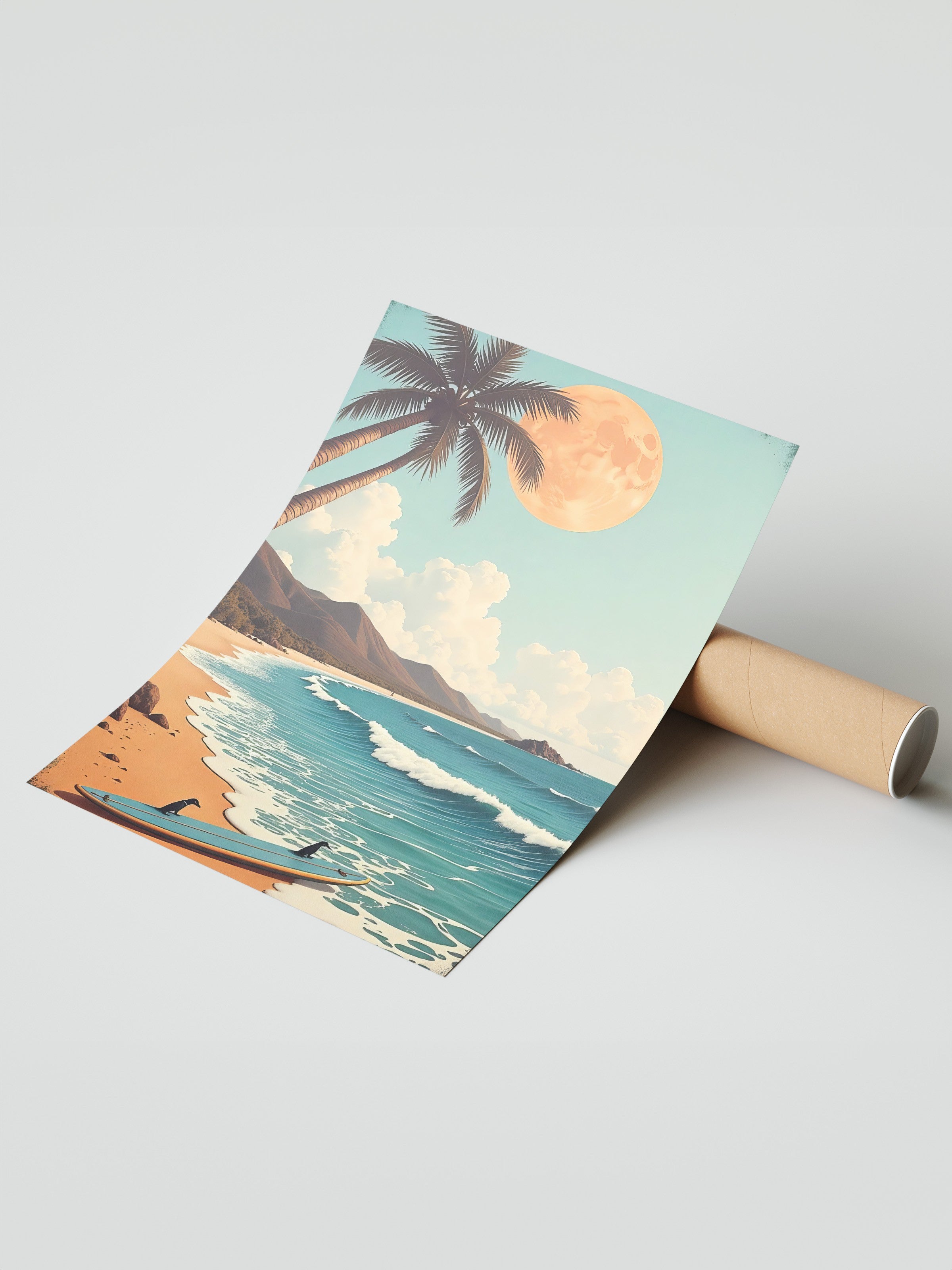 Çerçevesiz Duvar Posteri, Sörf Tahtasında Kargalar, İllüstrasyon, Maximalist, Mavi Renk Poster, 2025 Yaz Seçkisi, NO:109774