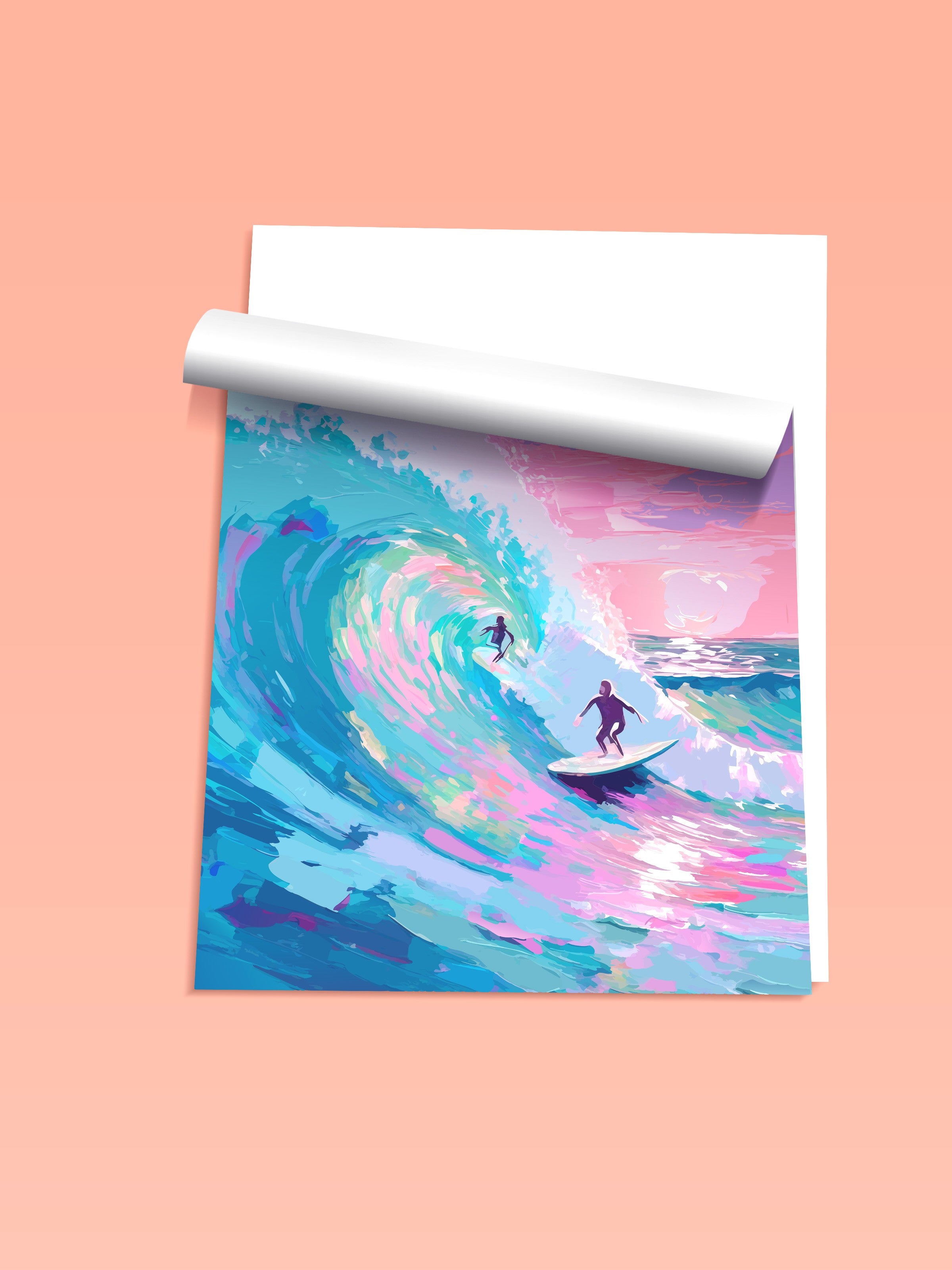 Çerçevesiz Duvar Posteri, Sörfçü, Dalga, Okyanus, illüstrasyon, Impressionist, Mavi, Pembe Renk Poster, 2025 Yaz Seçkisi, NO:109864