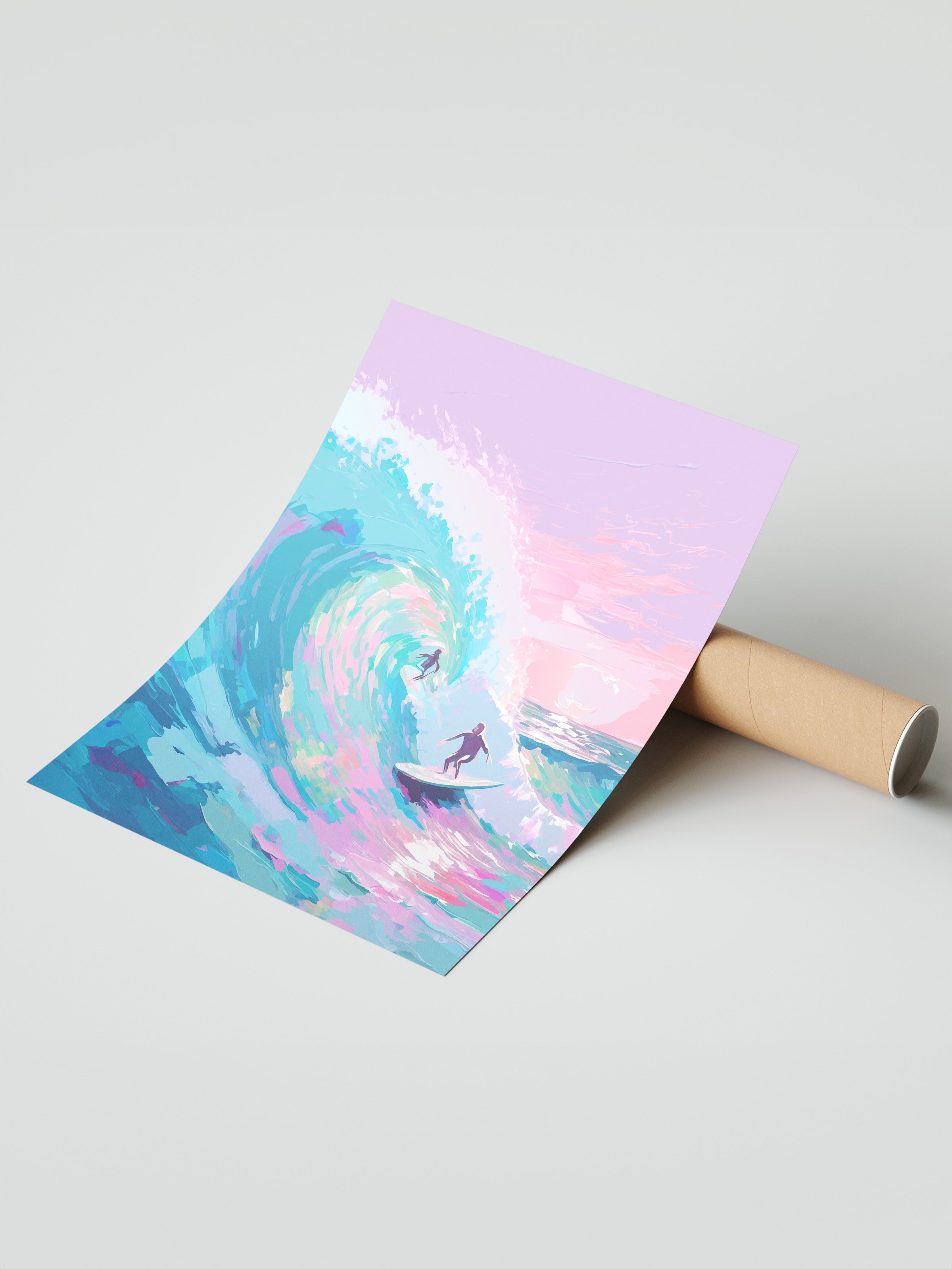 Çerçevesiz Duvar Posteri, Sörfçü, Dalga, Okyanus, illüstrasyon, Impressionist, Mavi, Pembe Renk Poster, 2025 Yaz Seçkisi, NO:109864