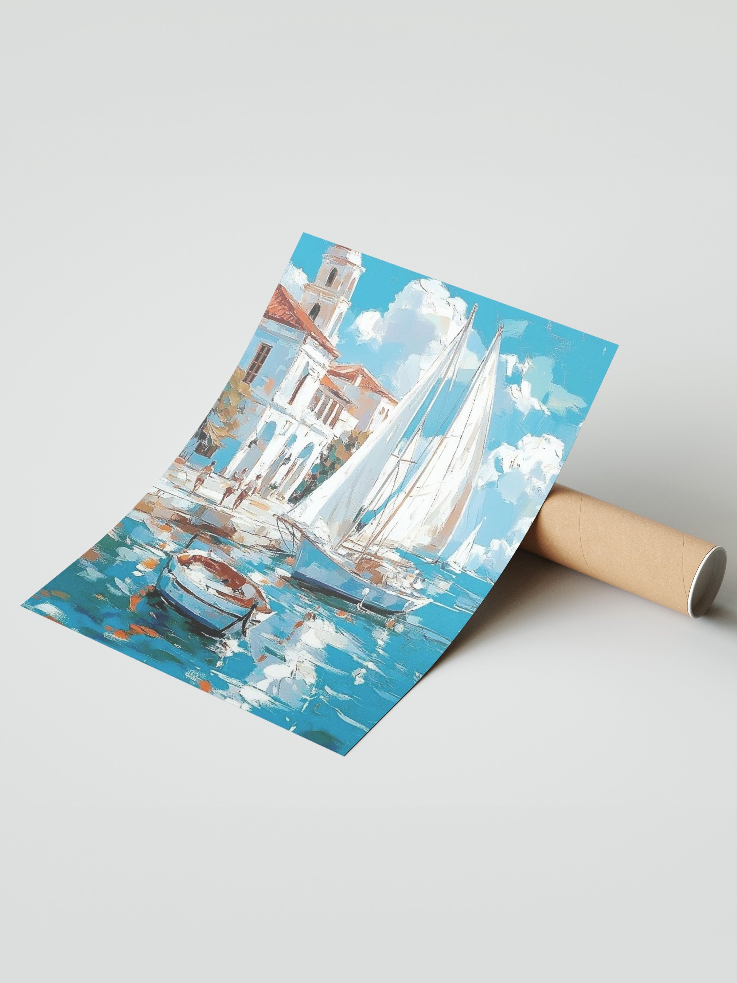 Çerçevesiz Duvar Posteri, Tekneler, Bina, Su, İzlenimci, Mavi, Beyaz Renk Poster, 2025 Yaz Seçkisi, NO:109814