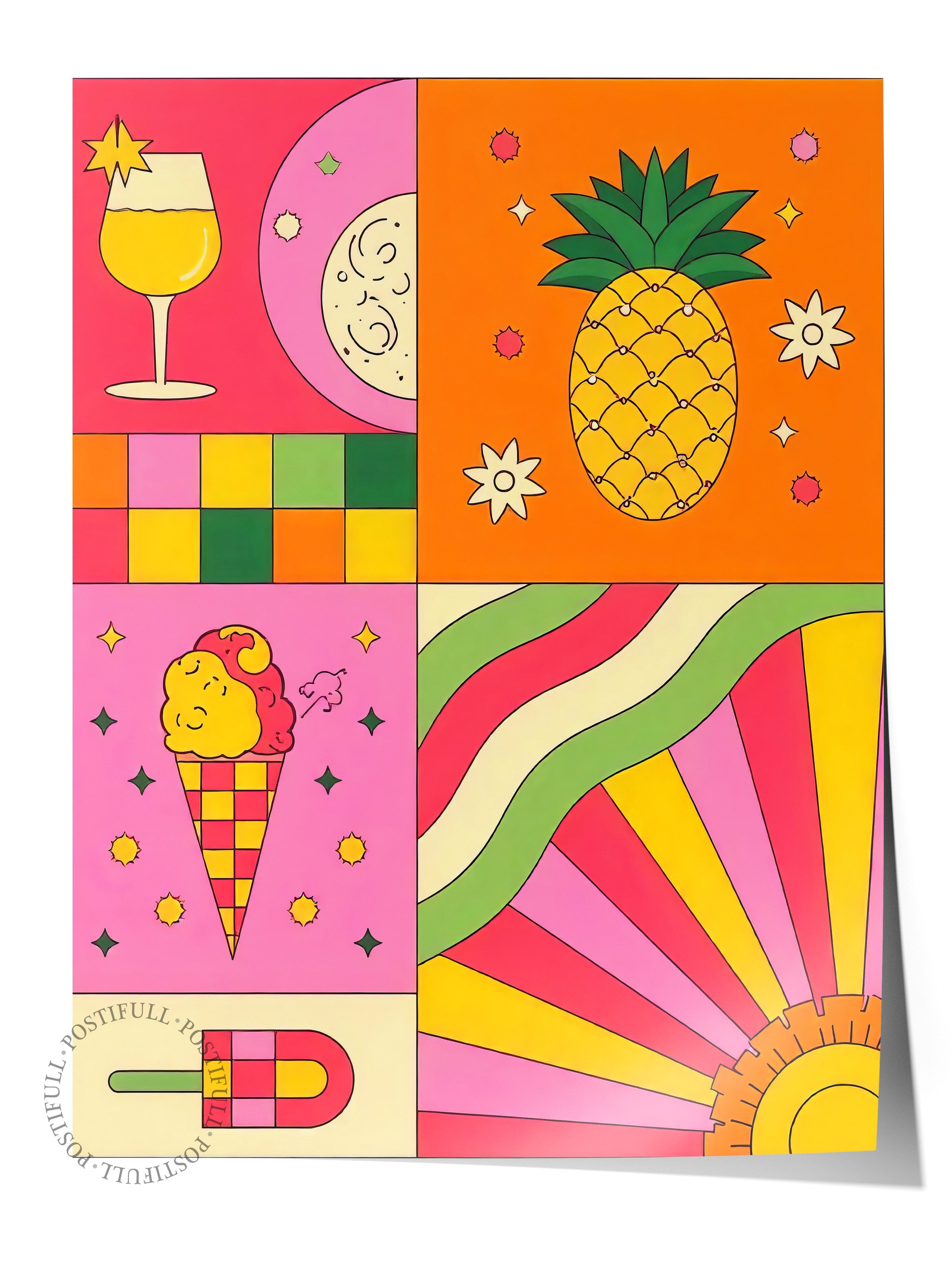 Çerçevesiz Duvar Posteri, Yaz Öğeleri, İllüstrasyon Maximalist, Pembe Renk Poster, 2025 Yaz Seçkisi, NO:109754