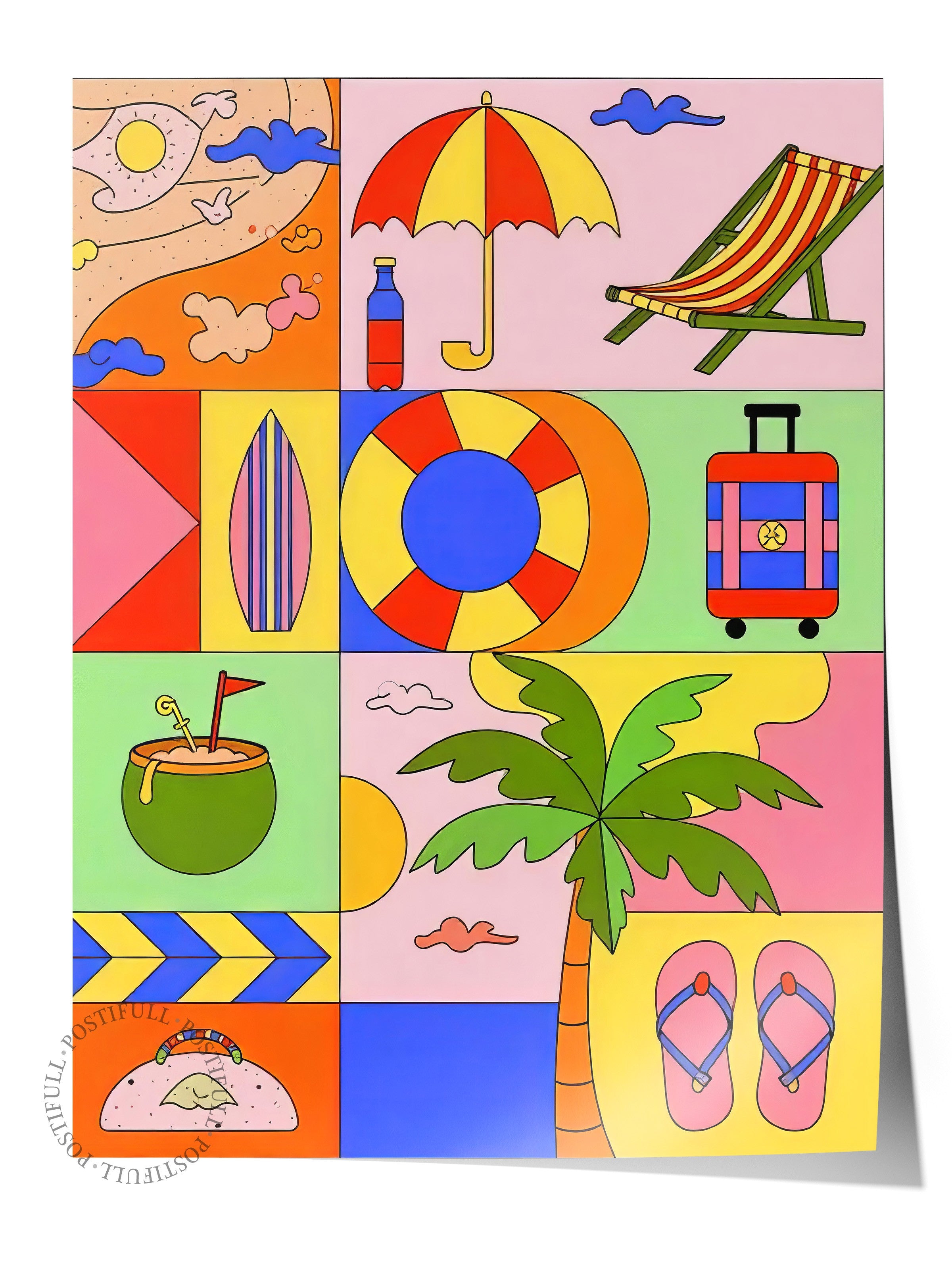 Çerçevesiz Duvar Posteri, Yaz Öğeleri, İllüstrasyon Maximalist, Pembe Renk Poster, 2025 Yaz Seçkisi, NO:109755