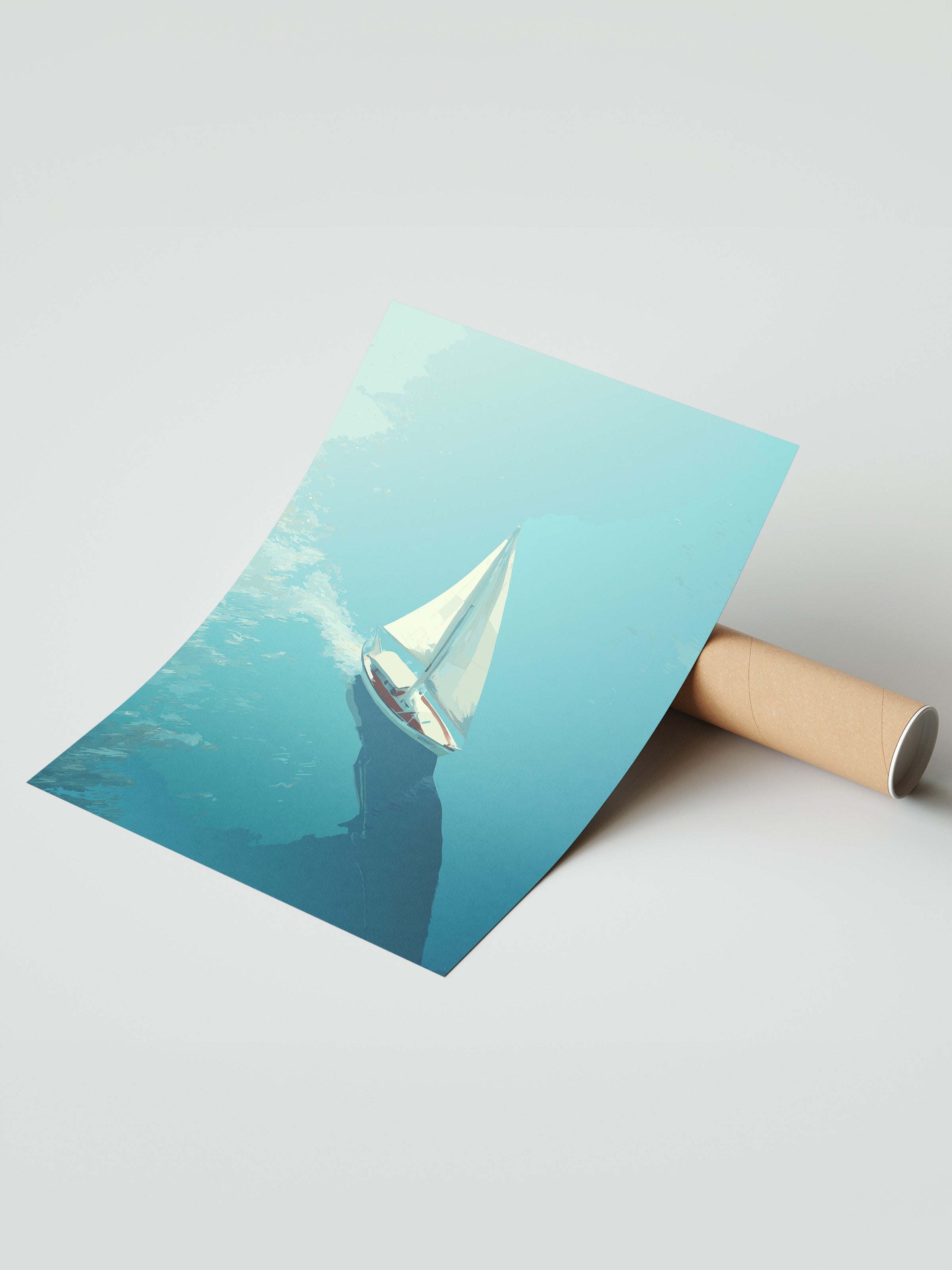 Çerçevesiz Duvar Posteri, Yelkenli, Okyanus, Düz İllüstrasyon, Mavi Renk Poster, 2025 Yaz Seçkisi, NO:109836